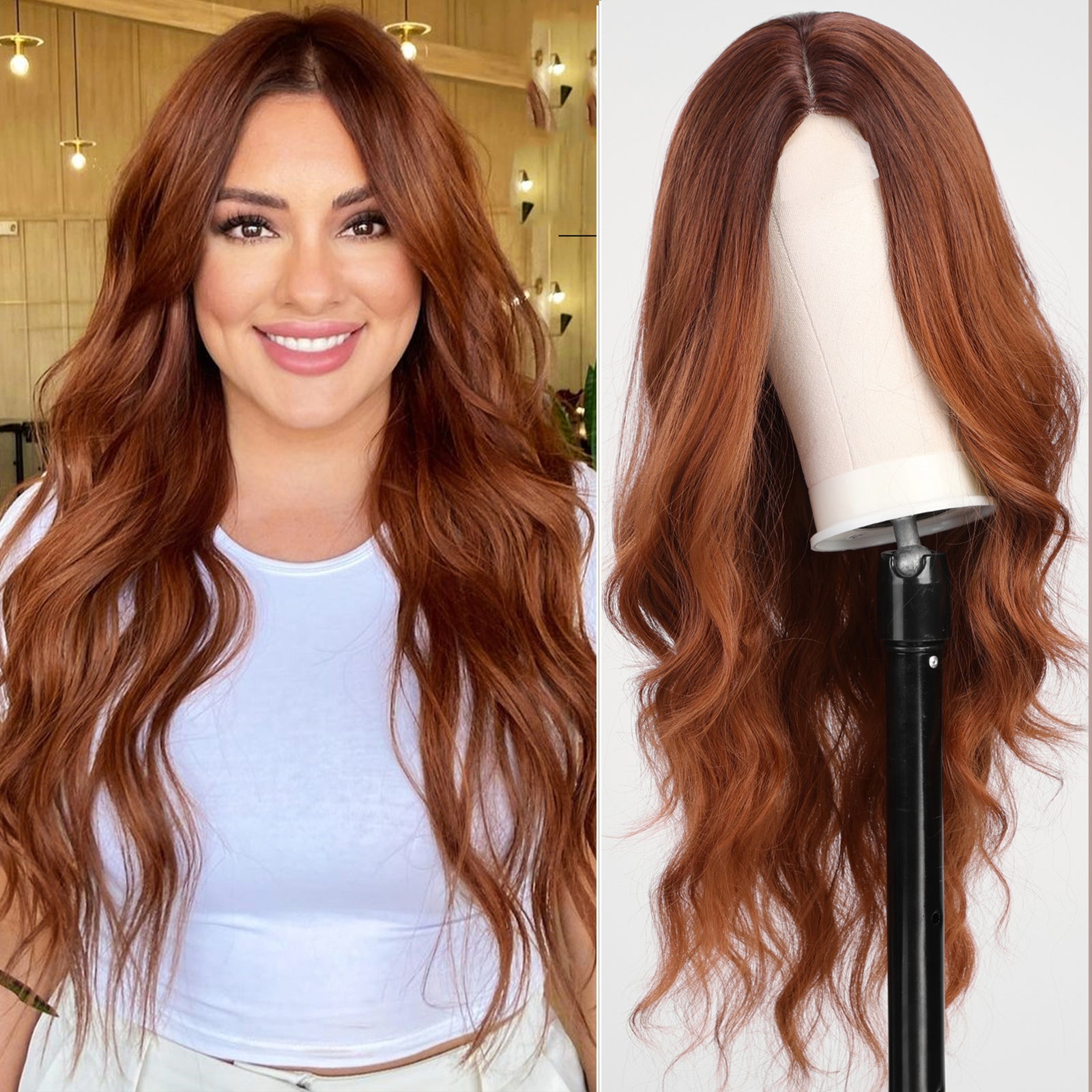 KOME Orange Wig,Long Copper Wavy Wig for Women,Lace Front Middle Part Curly Wavy Wig,Natural Looking Synthetic Heat Resistant Fiber Wig for Daily Party Use 26IN