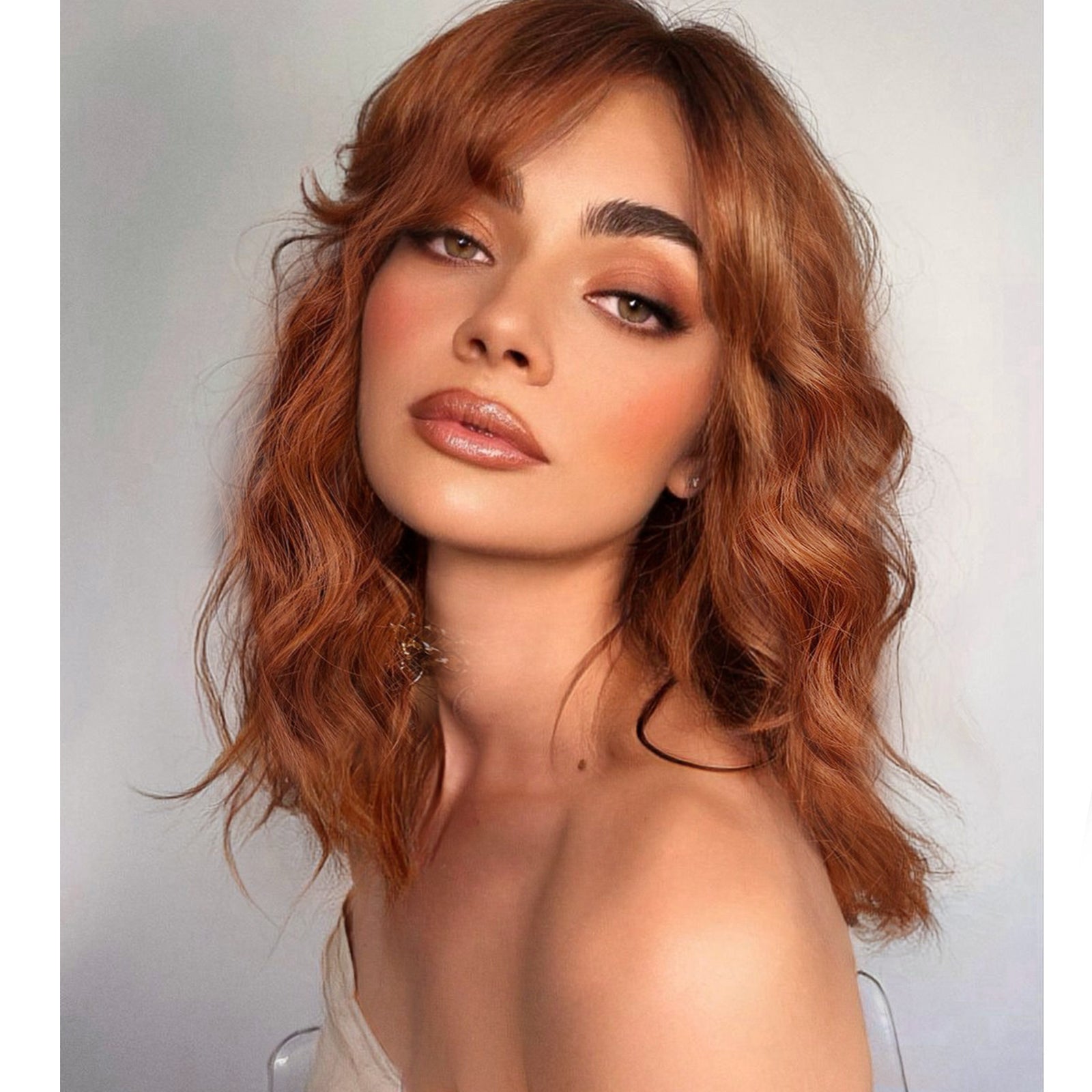 KOME Ginger Curly Bob Wig with Bangs Short Wavy Ombre Copper Wigs for Women Lob Haircut Synthetic Heat Resistant Bob Wigs 14IN