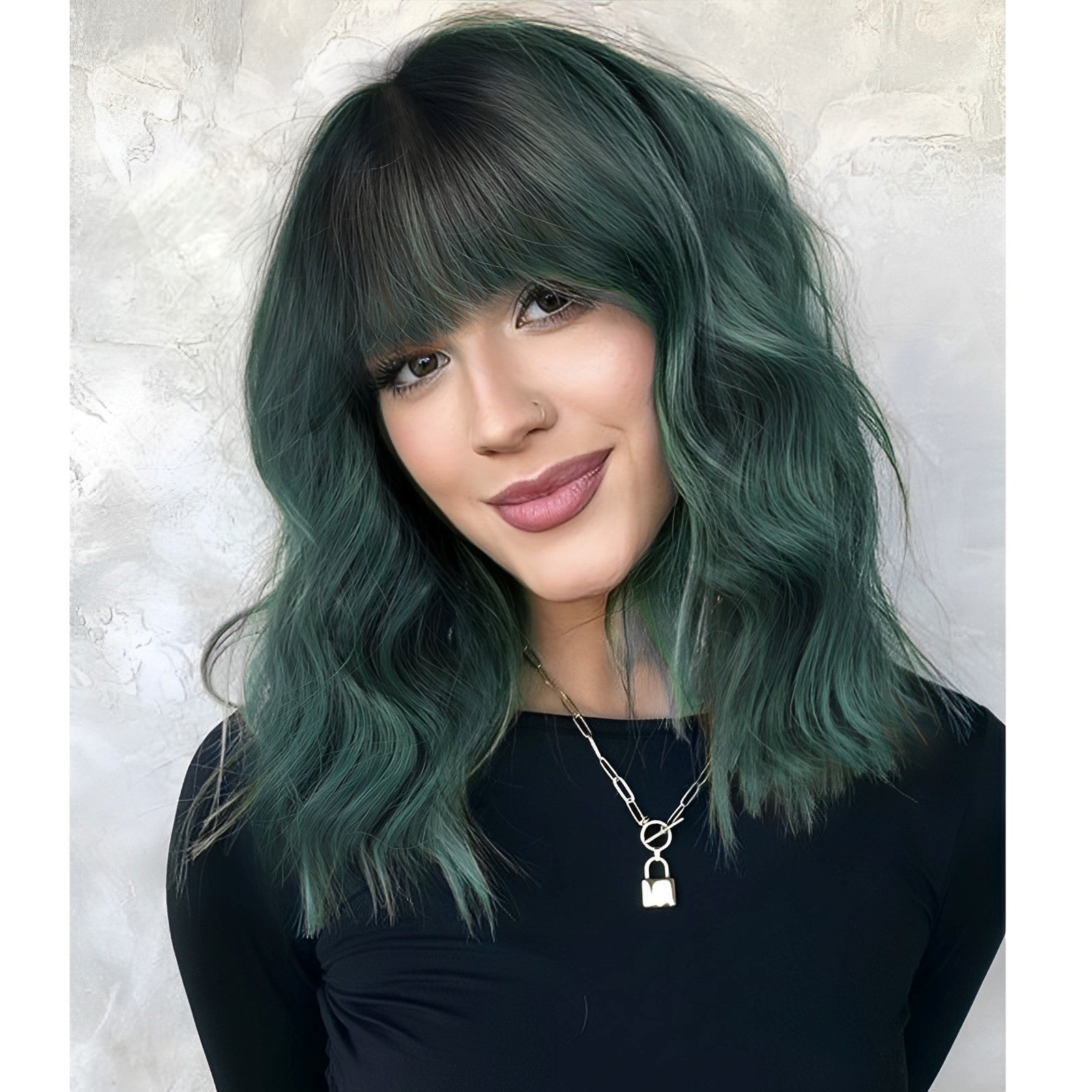 KOME Green Curly Bob Wig with Bangs Short Wavy Ombre Green Wigs for Women Lob Haircut Synthetic Heat Resistant Bob Wigs 14IN