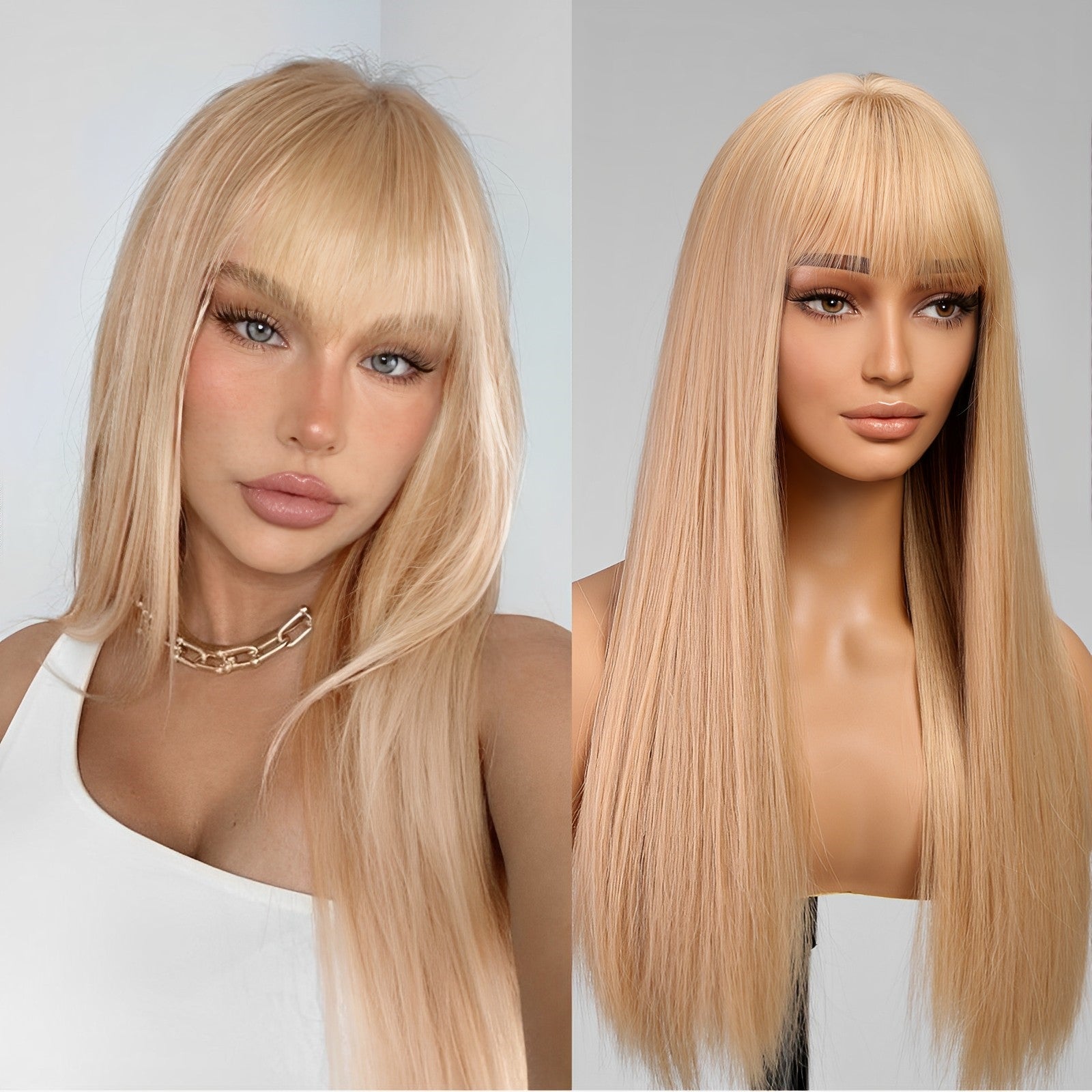 Blonde Long Straight Wig with Bangs,Straight Hair Wigs for Women,Synthetic Heat Resistant Natural Looking Hair Wig for Party Cosplay Dality Use