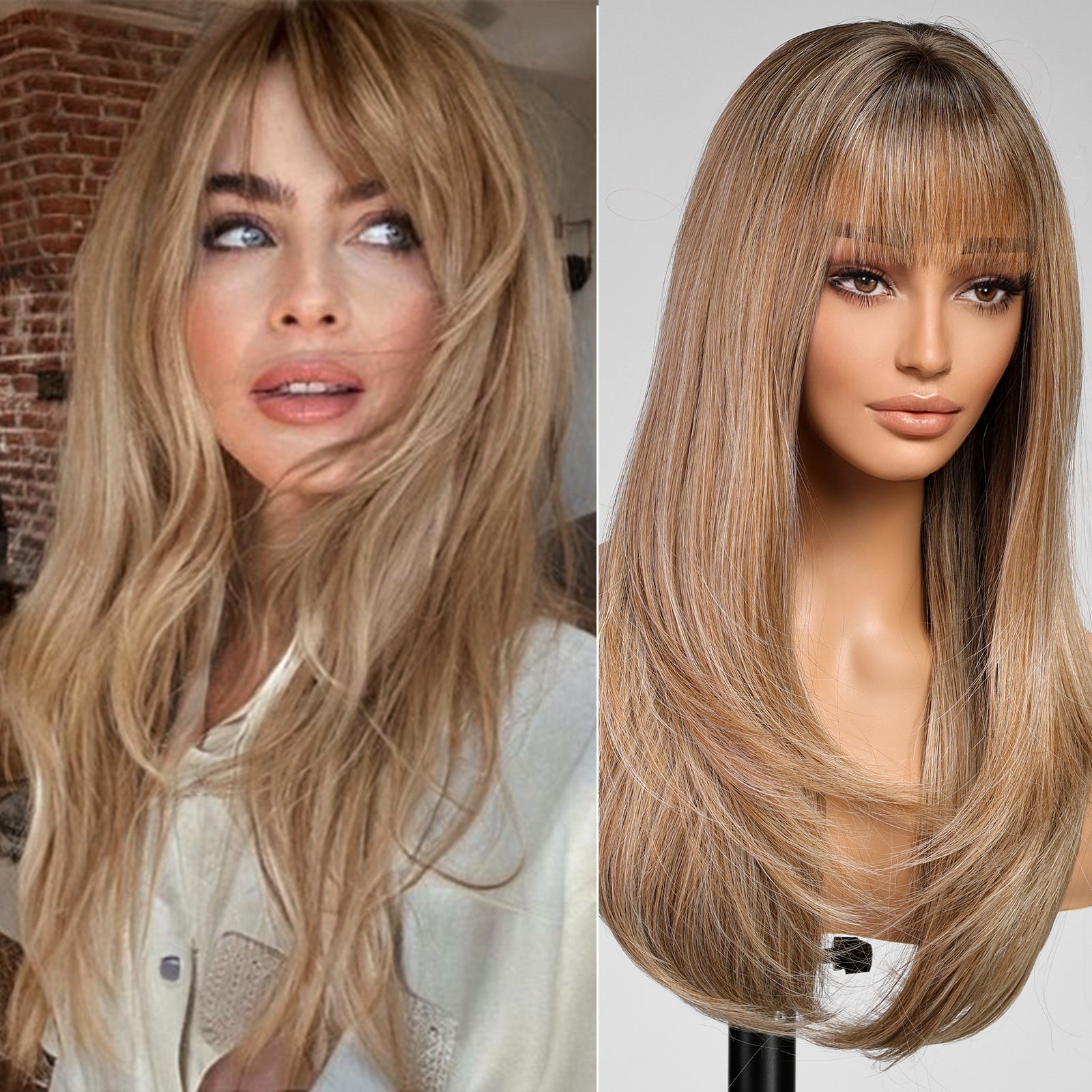 Ash Blonde Long Layered Wig with Bangs,Straight Hair Wigs for Women,Synthetic Heat Resistant Natural Looking Hair Wig for Party Cosplay Dality Use