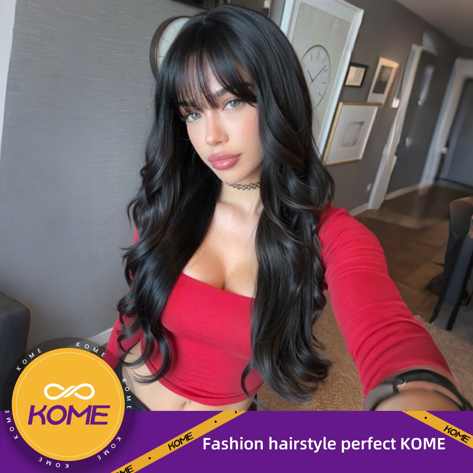 KOME Black Synthetic Lace Front Wig, T Part Glueless Layered Wavy Wigs With Bangs, Heat Resistant Wigs For Women Daily Party Use 26IN