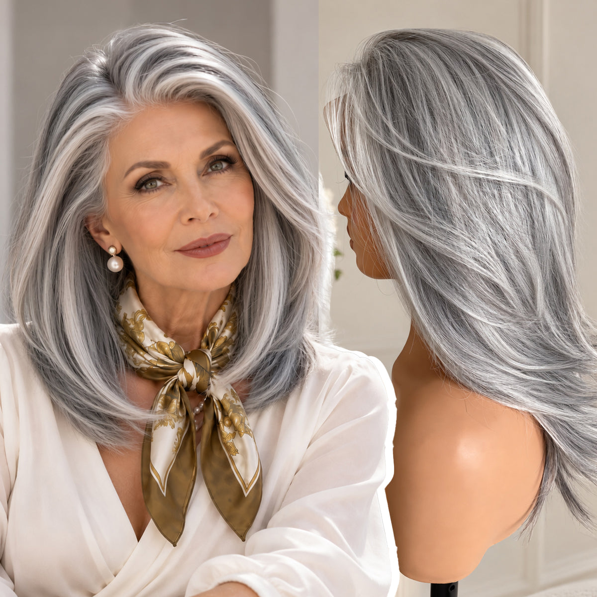 KOME Grey Layered Straight 13x6 Synthetic Lace Front Wig for Women 16IN
