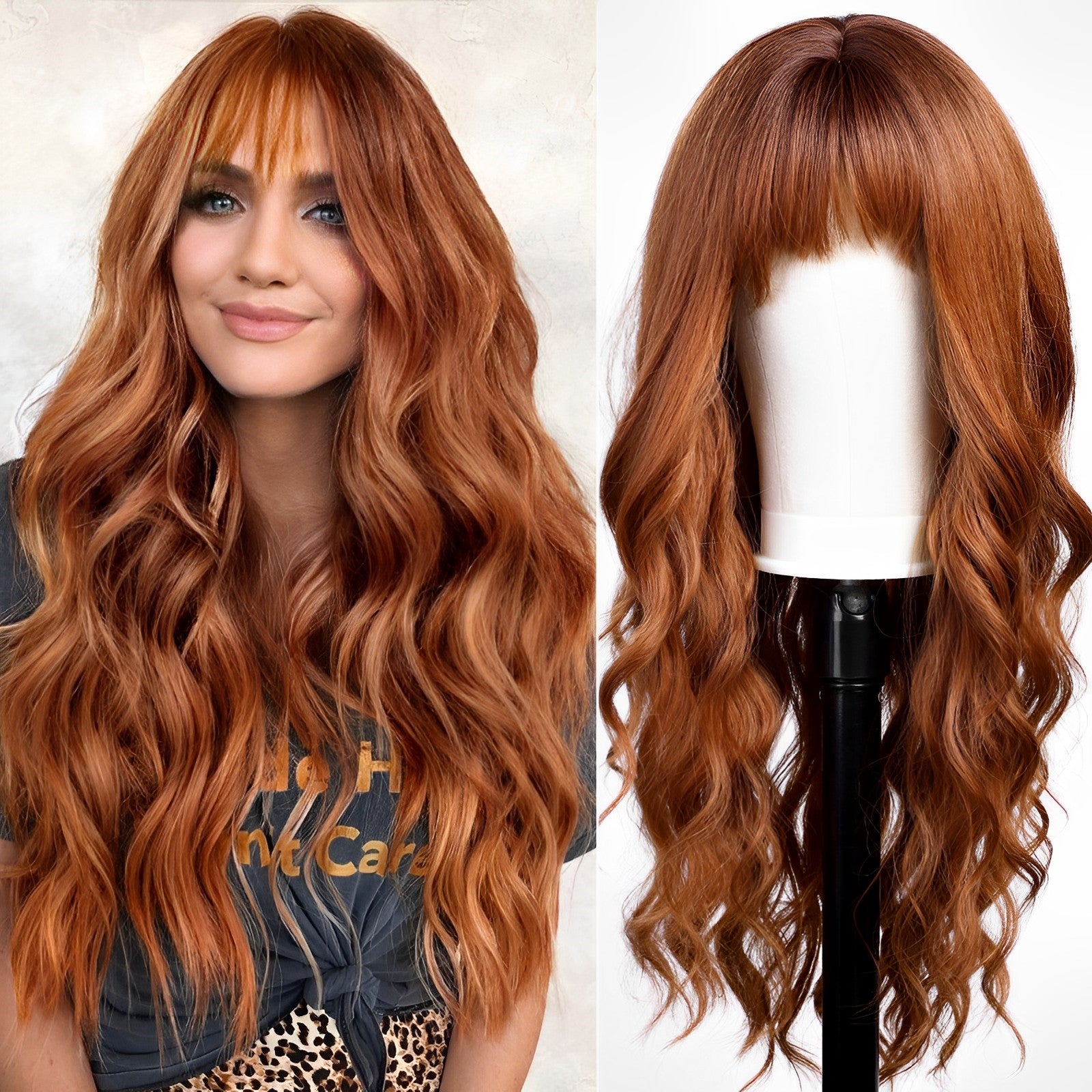 Orange Wigs with Bangs,Ginger Long Wavy Wig for Women,Long Curly Synthetic Hair Wig for Party Daily Use 26IN