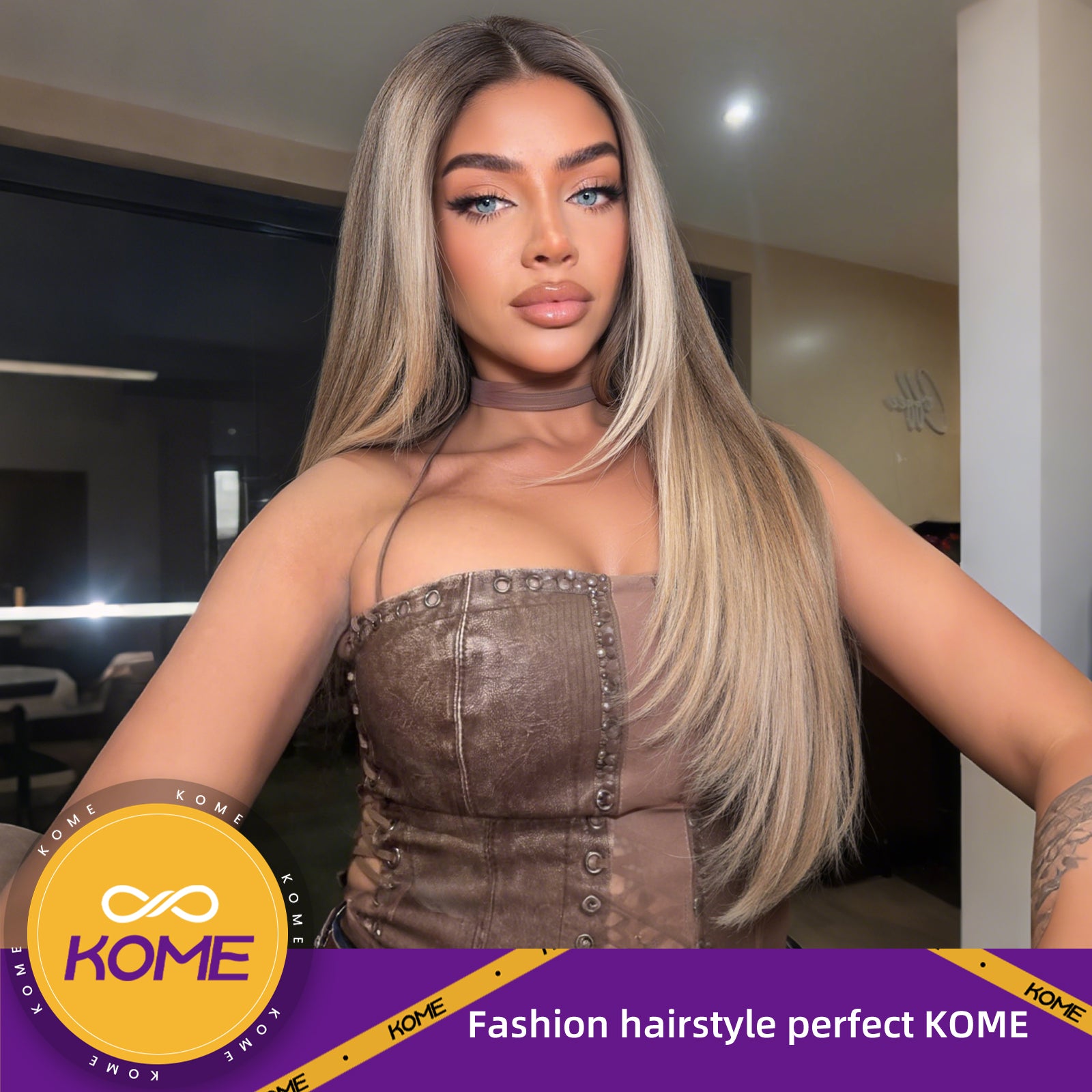 KOME Ash Blonde Synthetic Lace Front Wig,T Part Pre Cut Glueless Long Straight Layered Wigs for Women Cosplay Daily Use 26IN(#TT4/6164)