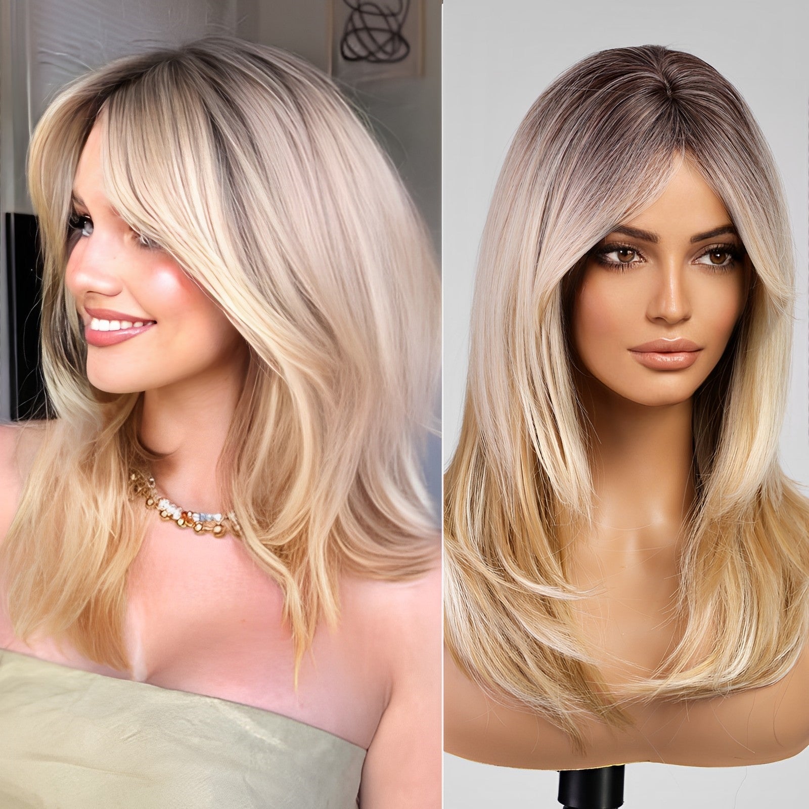 Blonde Wigs for Women layered Straight Wig with Curtain Bangs Natural Synthetic Hair with Dark Roots 18IN