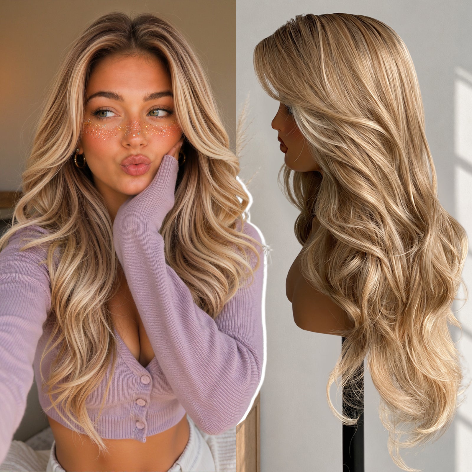 KOME Dirty Blonde Synthetic Lace Front Wig,13x4 HD Lace Glueless Layered Bouncy Blowouts Wigs with Dark Roots for Women Daily Use 26IN（#TT6/1603）