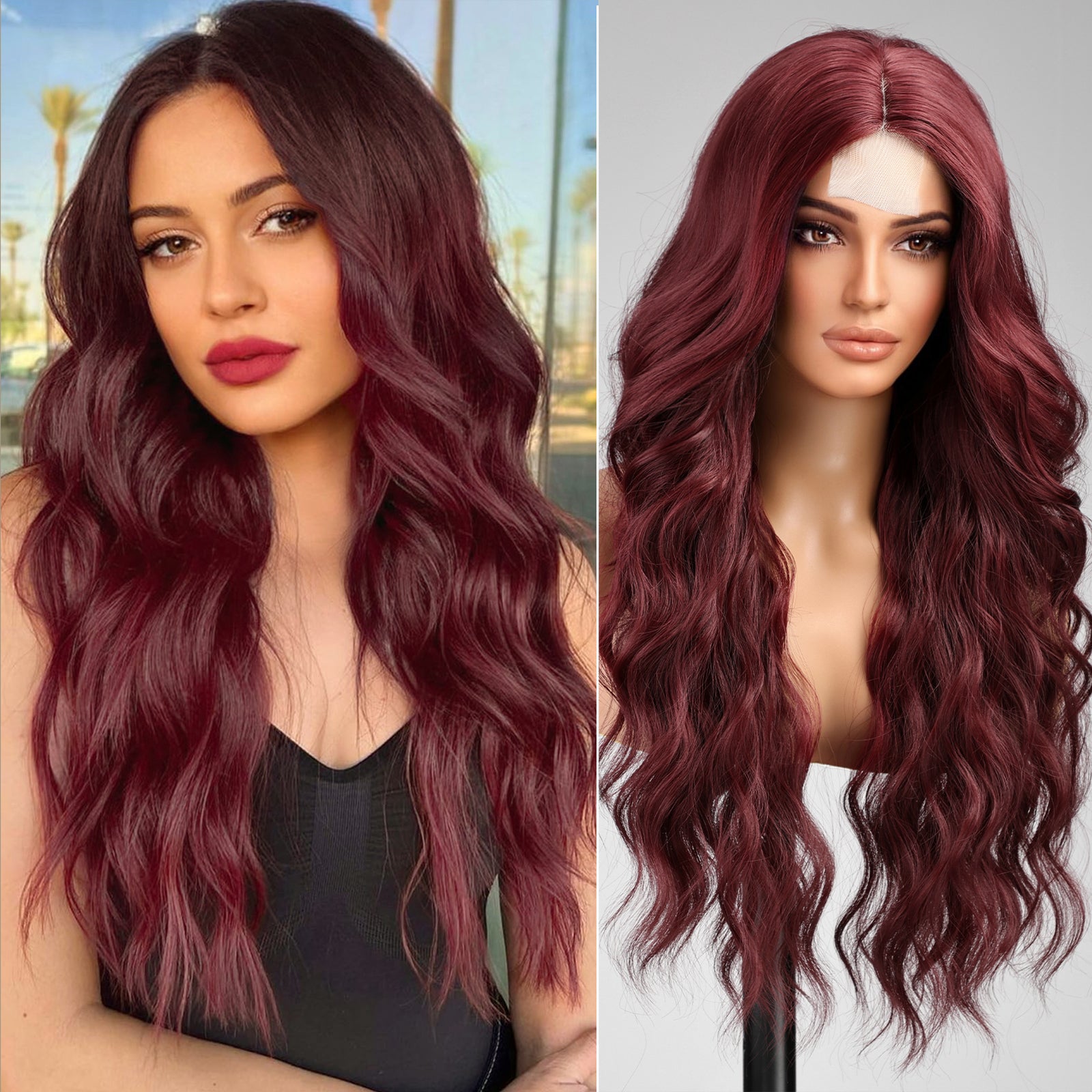 KOME Red Wig,Long Burgundy Wavy Wig for Women,Lace Front Middle Part Curly Wavy Wig,Natural Looking Synthetic Heat Resistant Fiber Wig for Daily Party Use 26IN…