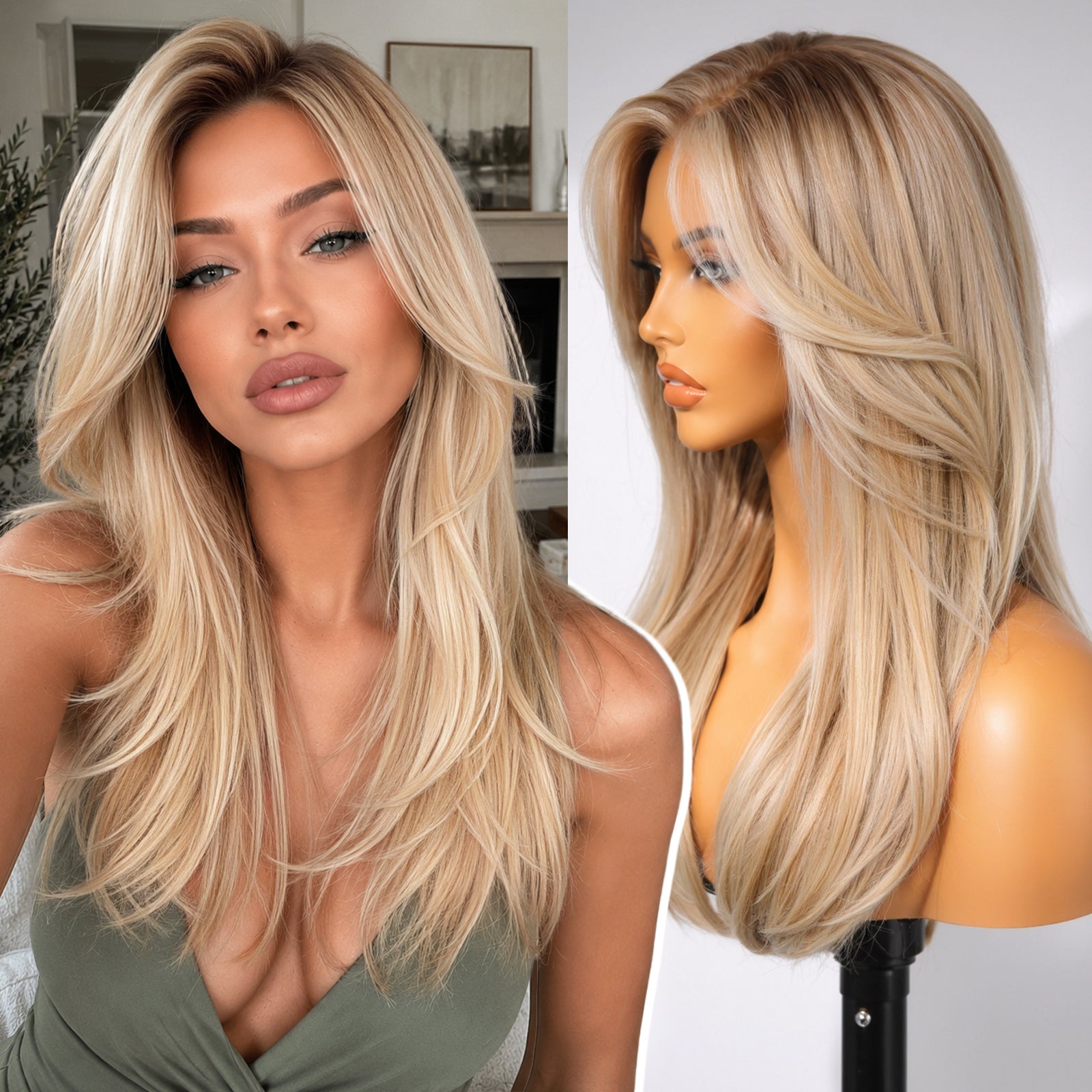 KOME Ombre Blonde Synthetic Lace Front Wig, 13X4 HD Lace Glueless Long Layered Straight Wigs for Women Daily Use 20IN （#TT6/1603）