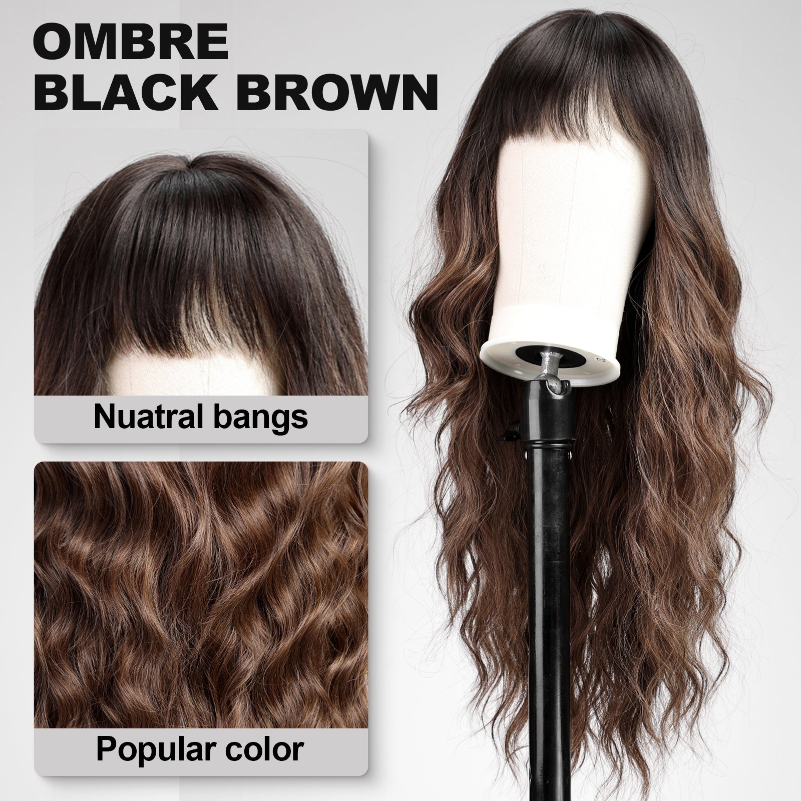 Ombre Brown Wigs with Bangs,Brown Long Wavy Wig for Women,Long Curly Wigs Dark Roots Synthetic Hair Wig for Party Daily Use 26IN