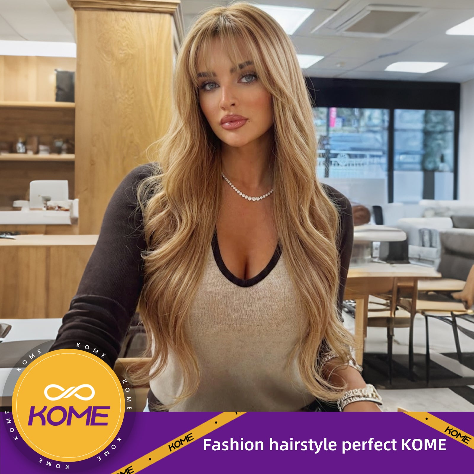 KOME Dirty Blonde Synthetic Lace Front Wig,T Part Glueless Layered Wavy Wigs With Bangs, Heat Resistant Wigs For Women Daily Party Use 26IN