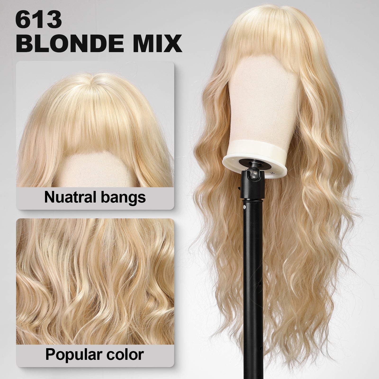 KOME Light Blonde Wigs with Bangs,613 Blonde mixed Long Wavy Wig for Women,Long Curly Synthetic Hair Wig for Party Daily Use 26IN