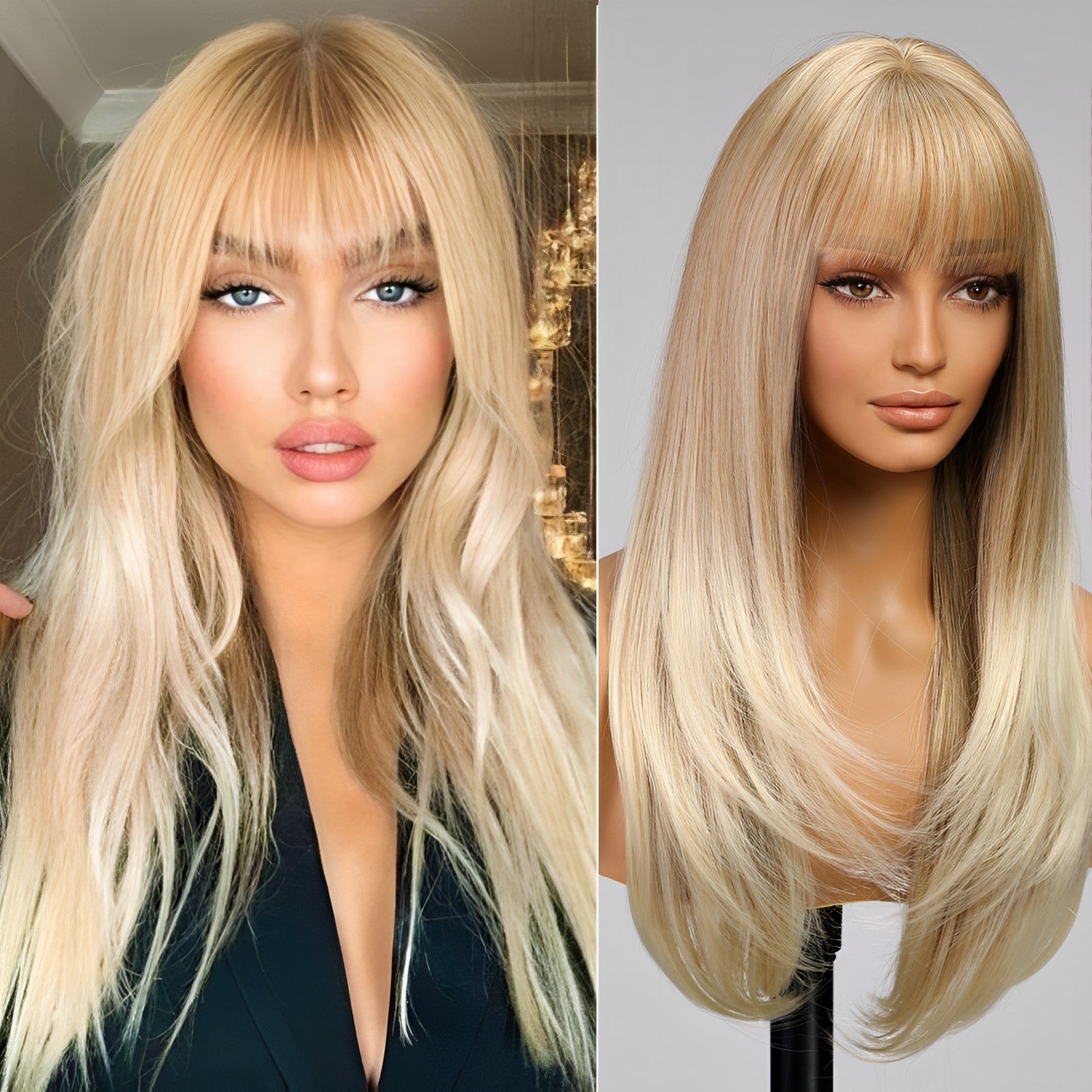 Blonde Highlight Long Layered Wig with Bangs,Straight Hair Wigs for Women,Synthetic Heat Resistant Natural Looking Hair Wig for Party Cosplay Dality Use