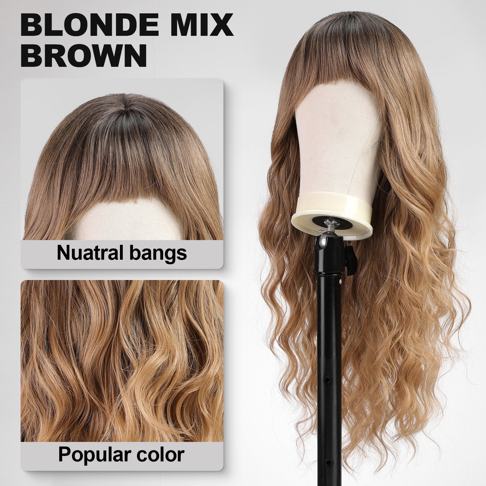 KOME Ombre Blonde Wigs with Bangs,Blonde mix Brown Long Curly Wig for Women,Blonde Long Wavy Wig Synthetic Hair Wig for Party Cosplay Daily Use 26IN