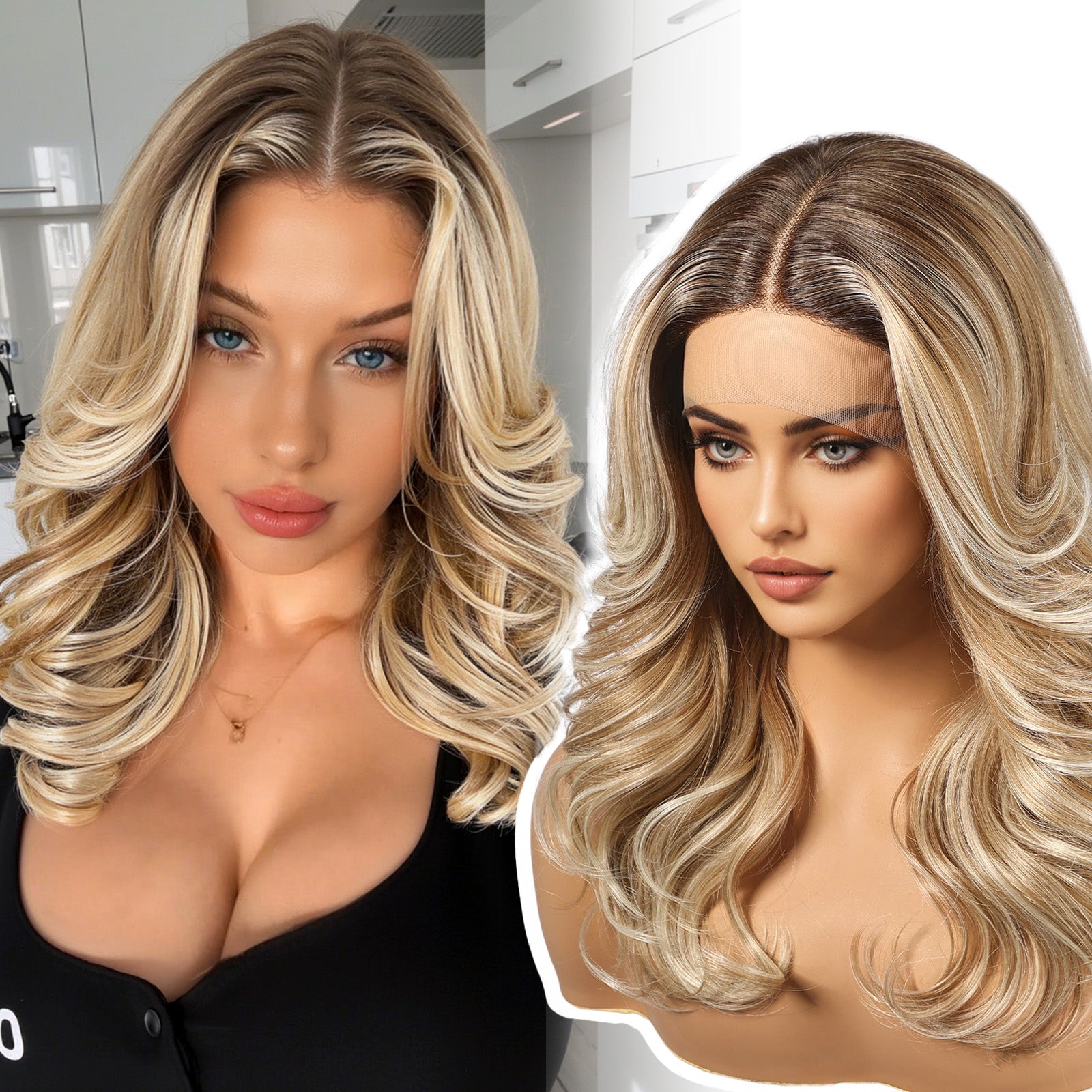 KOME Lobbi Ombre Blonde Synthetic Lace Front Wig,13X5X1 Glueless Shoulder Length Curly Bob Wigs for Women Daily Use 18IN（#TT6/1603）