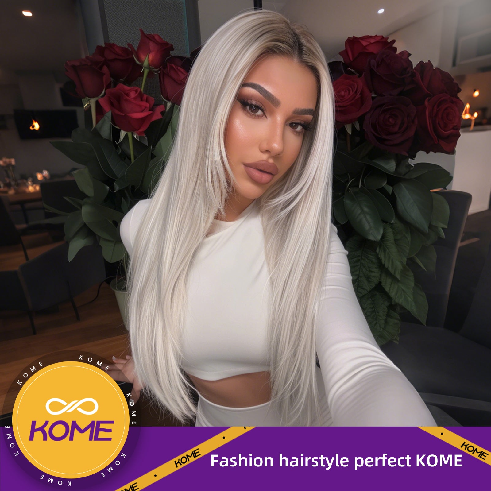 KOME Platinum Blonde Synthetic Lace Front Wig,T Part Pre Cut Glueless Long Straight Layered Wigs for Women Cosplay Daily Use 26IN(#TT6/4603)