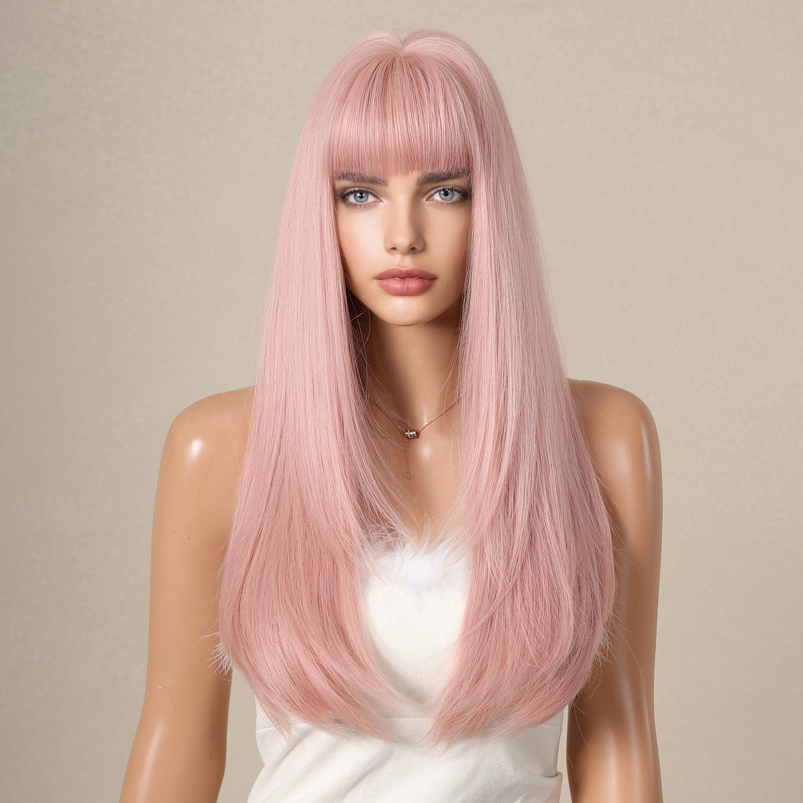 KOME Pink Long Layered Wig with Bangs,Pastel Pink Straight Hair Wigs for Women,Synthetic Heat Resistant Natural Looking Hair Wig for Party Cosplay Dality Use