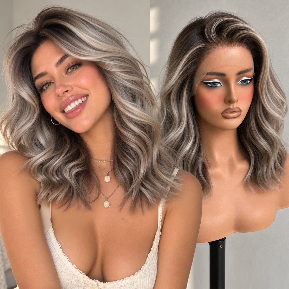 KOME Ash Brown 13X4 Synthetic Lace Front Wigs for Women Daily Use 14IN