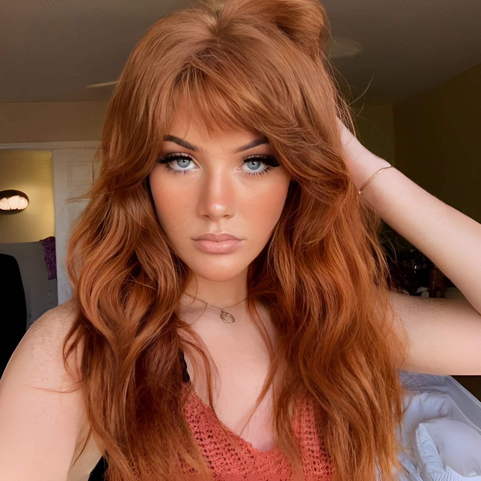 KOME Orange Wig with Bangs,Ginger Wavy Wigs for Women,Copper Shoulder Length Curly Synthetic Hair Wig for Party Daily Use 18IN