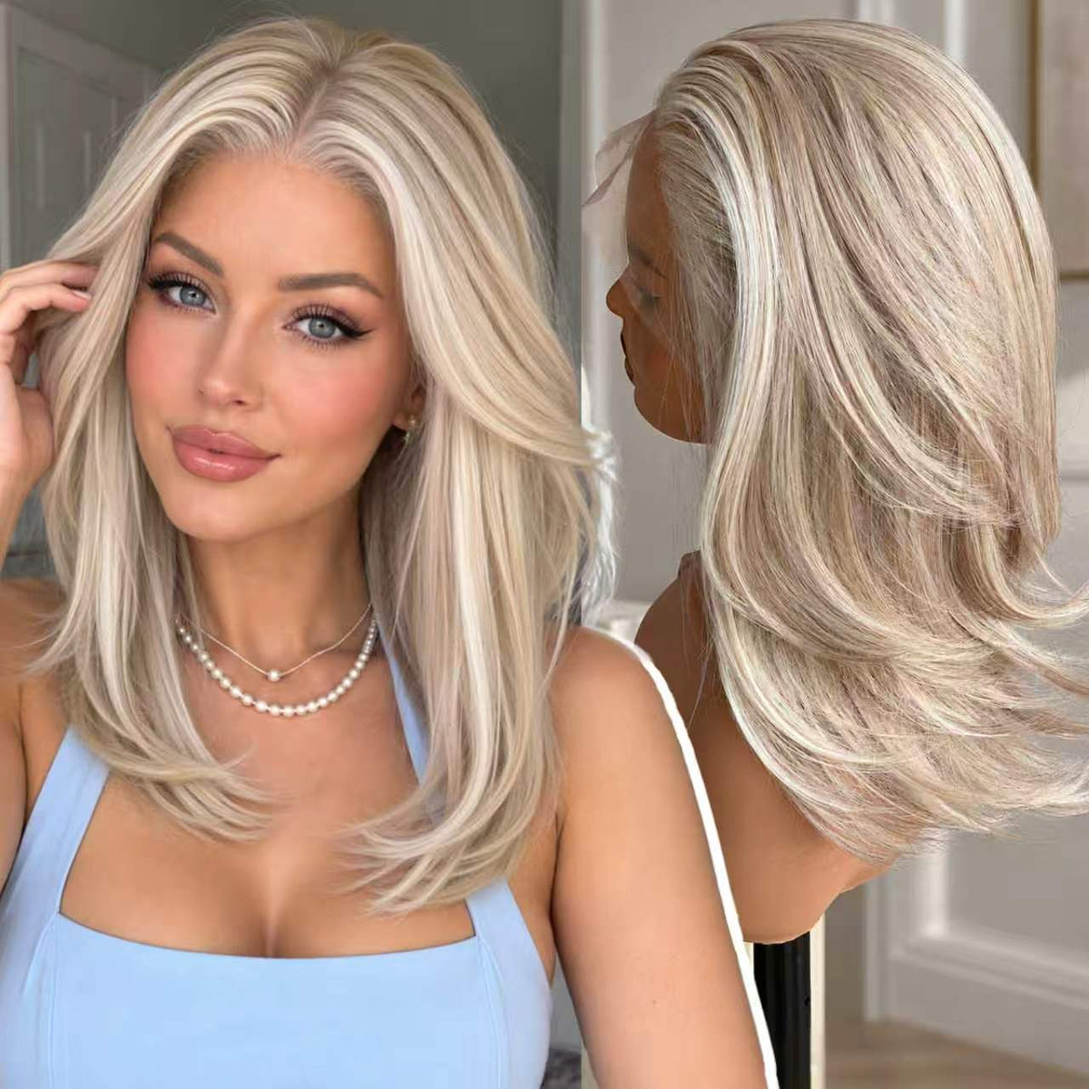KOME Blonde Layered Straight 13x6 Synthetic Lace Front Wig for Women 16IN