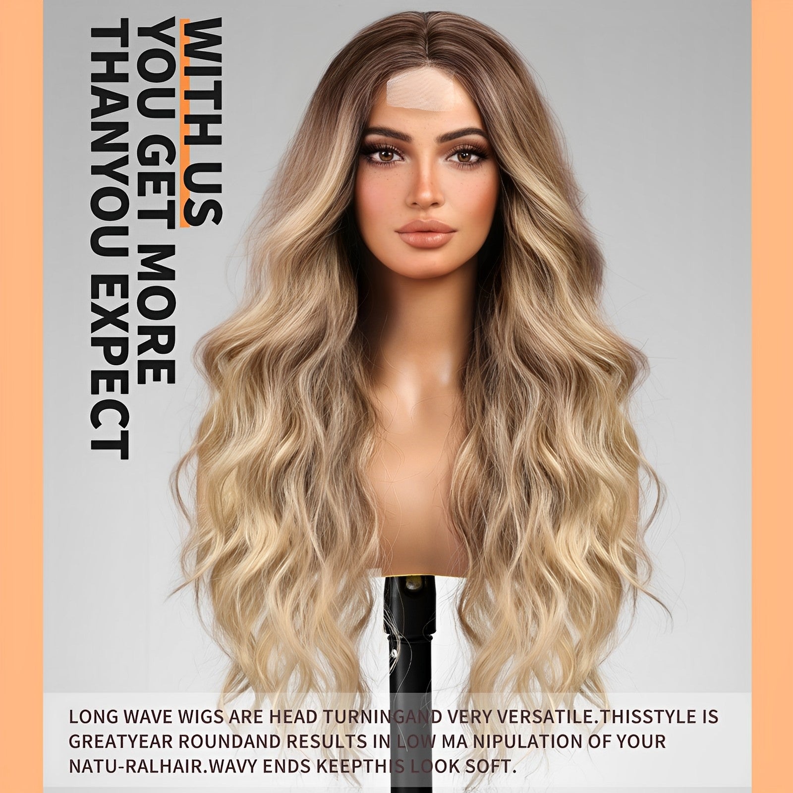 Long Ombre Brown mix Blonde Wavy Wig for Women,Lace Front Middle Part Curly Wavy Wig,Natural Looking Synthetic Heat Resistant Fiber Wig for Daily Party Use 26IN