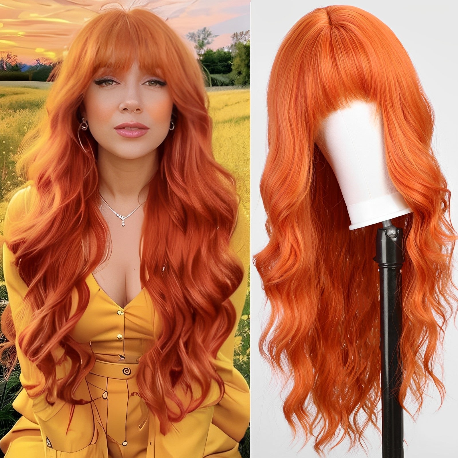 Orange Wigs with Bangs,Orange Wig for Women,Long Curly Wigs Synthetic Hair Wig for Party Cosplay Daily Use 26IN