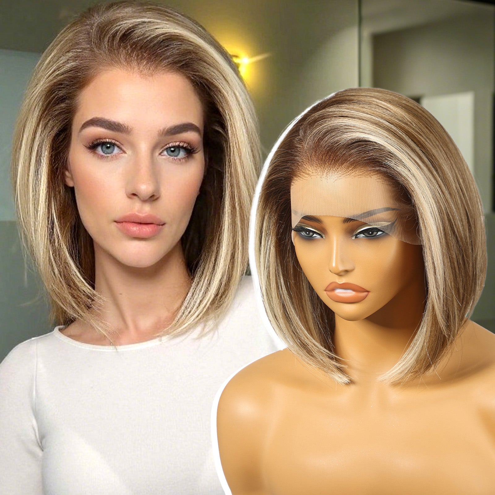 KOME Ash Blonde Highlight Synthetic Lace Front Wig,13×6 HD Short Straight Glueless Bob Wig for White Women Daily Use 12IN（#TT6/166）