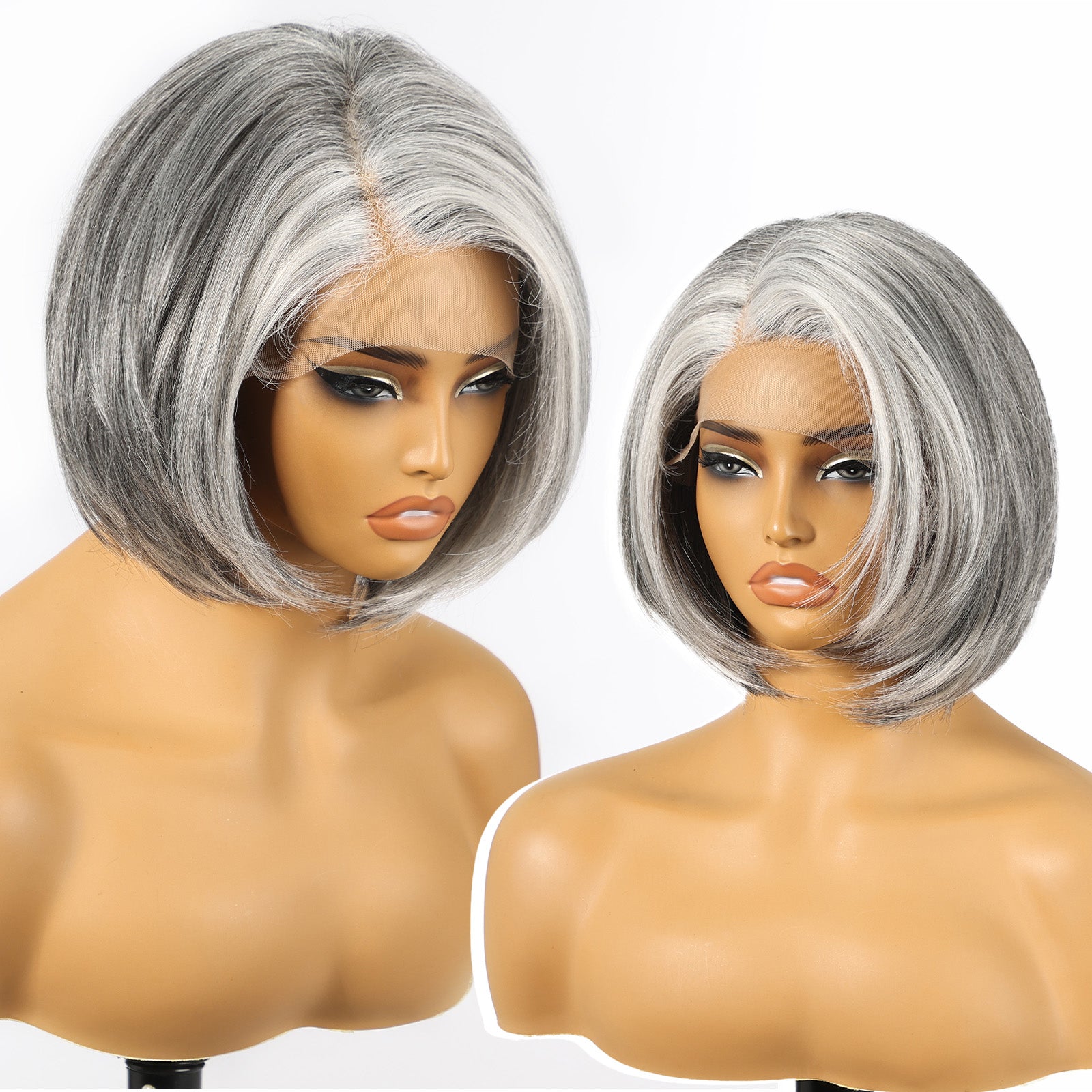 KOME Grey Synthetic Lace Front Wig,Silver Side Part Short Straight Glueless Bob Wigs for White Women Daily Use 10IN (#2/60HL)