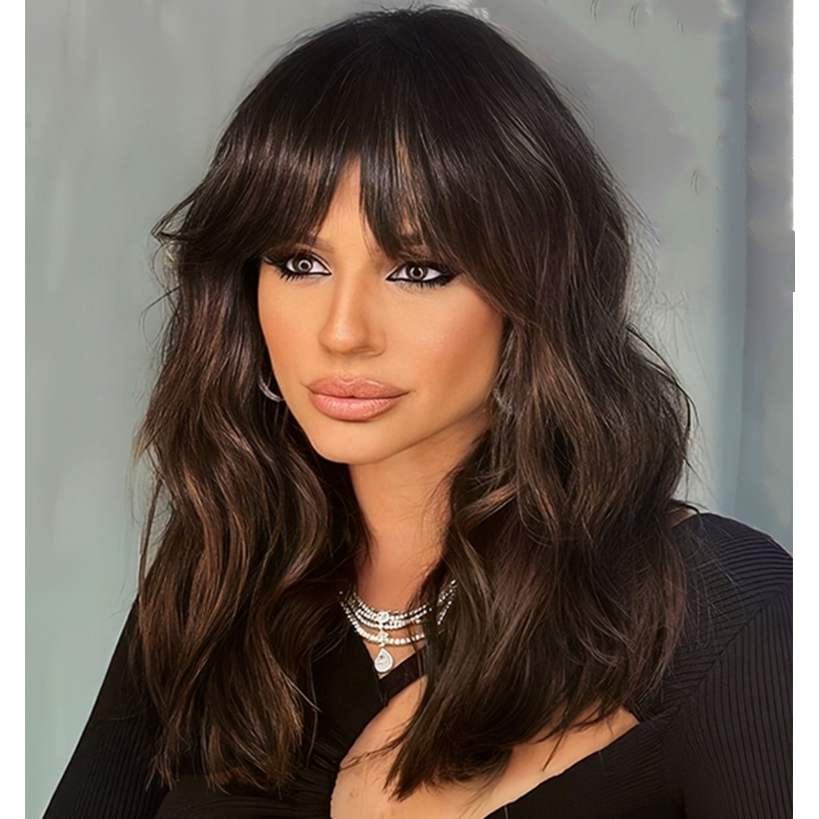 KOME Ombre Brown Wig with Bangs,Black mix Brown Highlight Wavy Wigs for Women,Shoulder Length Curly Synthetic Hair Wig for Party Daily Use 18IN