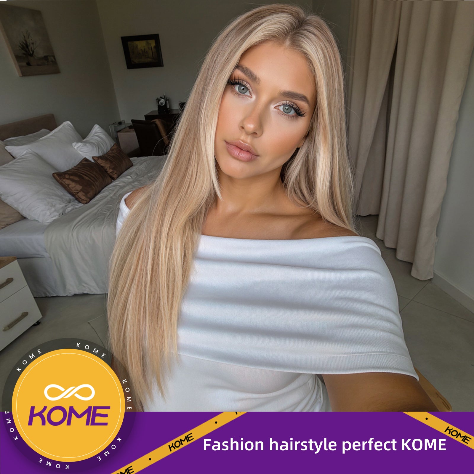 KOME Dirty Blonde Synthetic Lace Front Wig,T Part Pre Cut Glueless Long Straight Layered Wigs for Women Cosplay Daily Use 26IN(#TT6/1603)