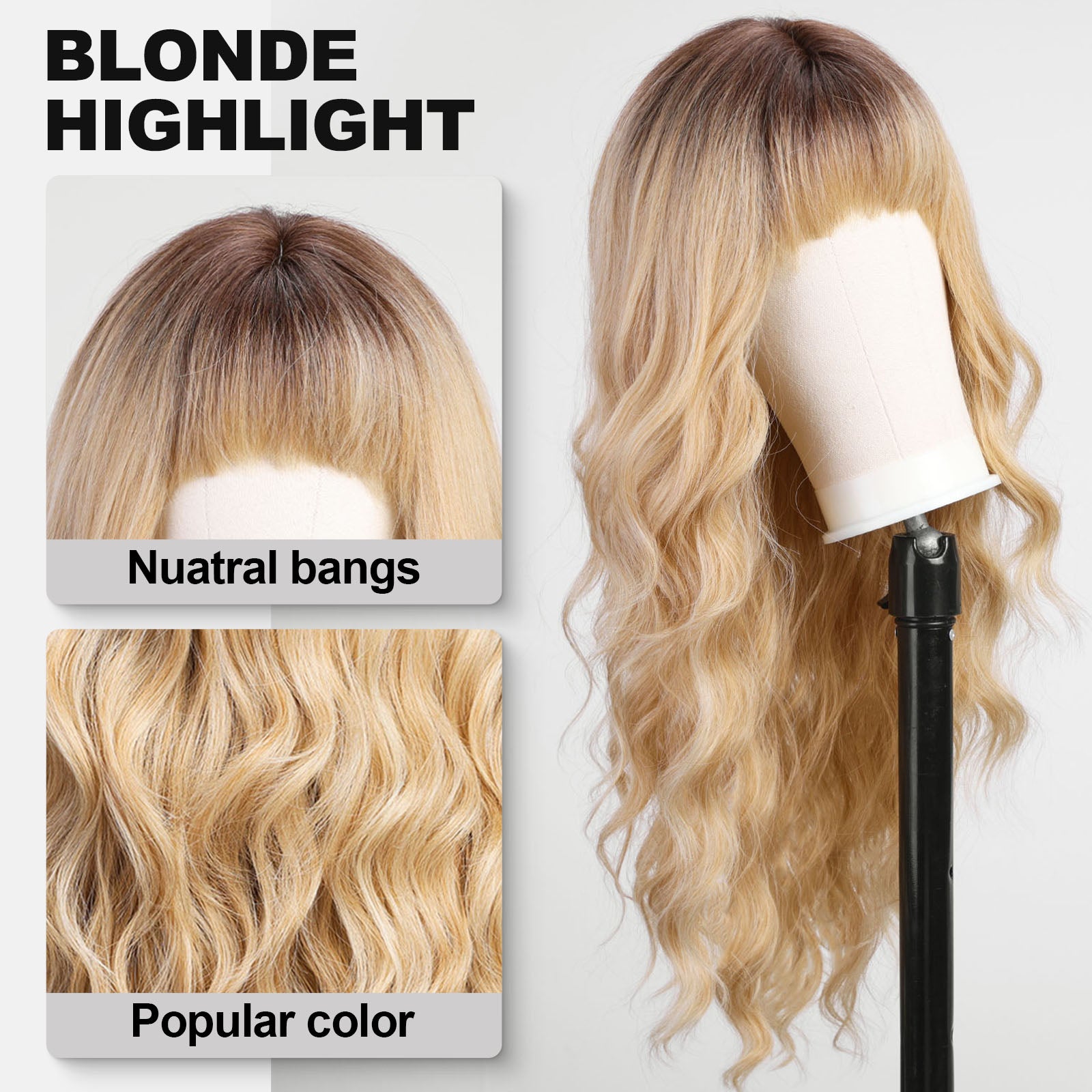 Blonde Wigs with Bangs,Ombre Blonde Long Wavy Wig for Women,Long Curly Wigs Synthetic Hair Wig for Party Cosplay Daily Use 26IN