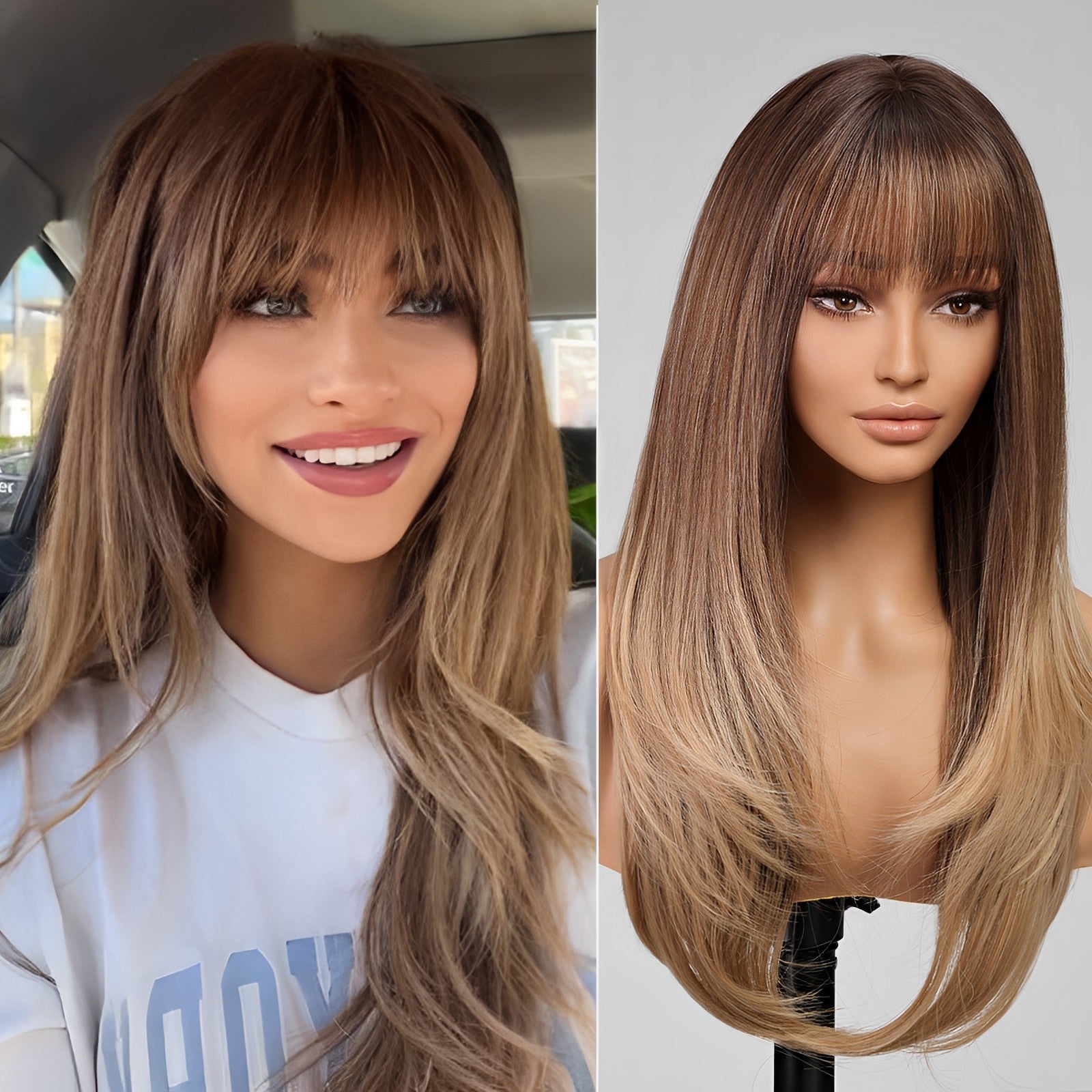 Ash Brown Long Layered Wig with Bangs,Straight Hair Wigs for Women,Synthetic Heat Resistant Natural Looking Hair Wig for Party Cosplay Dality Use