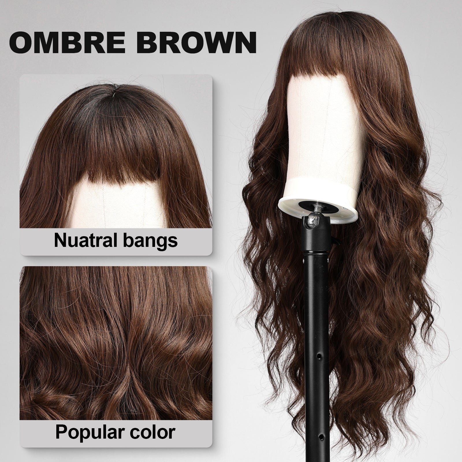 KOME Ombre Brown Wavy Wigs for Women,Yaki Volume Long Wavy Wig with Bangs,Curly Natural Looking Synthetic Heat Resistant Fiber Wig for Party Cosplay Daily Use 26IN