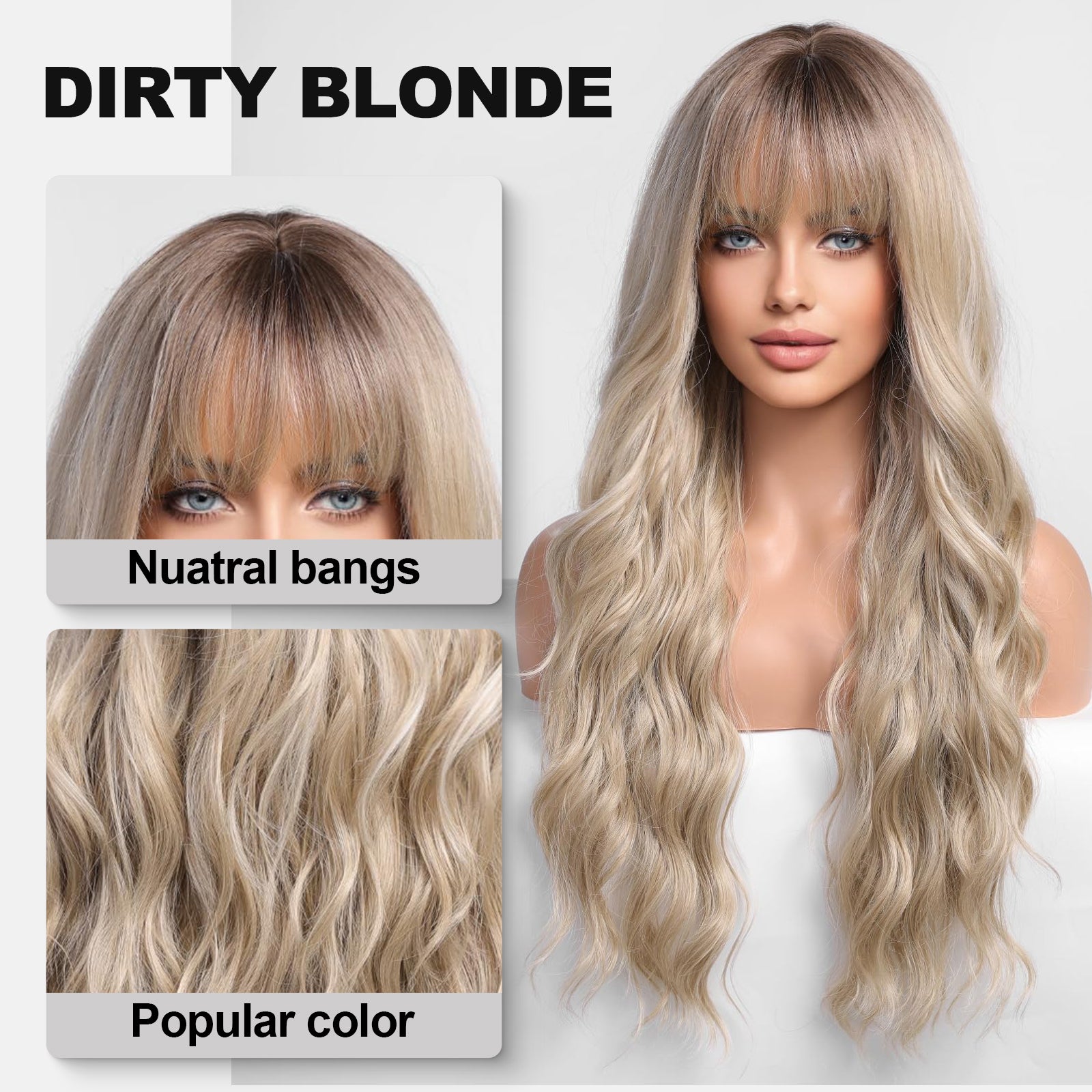 Ombre Dirty Blonde Wigs with Bangs,Ash Blonde Long Wavy Wig for Women,Long Curly Synthetic Hair Wig for Party Daily Use 26IN