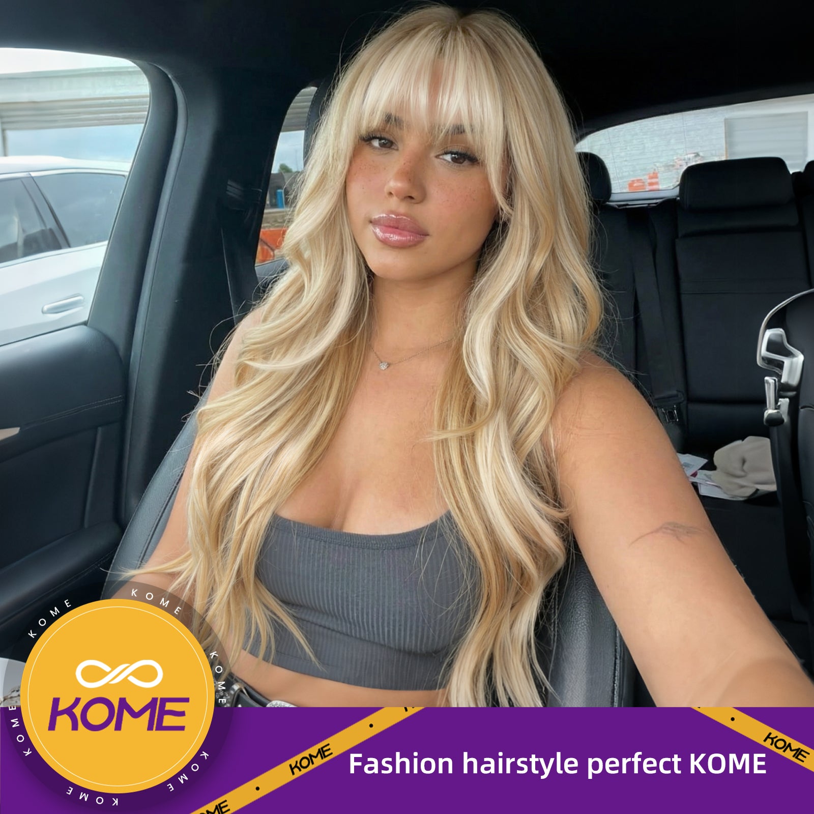 KOME Blonde Synthetic Lace Front Wig, T Part Glueless Layered Wavy Wigs With Bangs, Heat Resistant Wigs For Women Daily Party Use 26IN