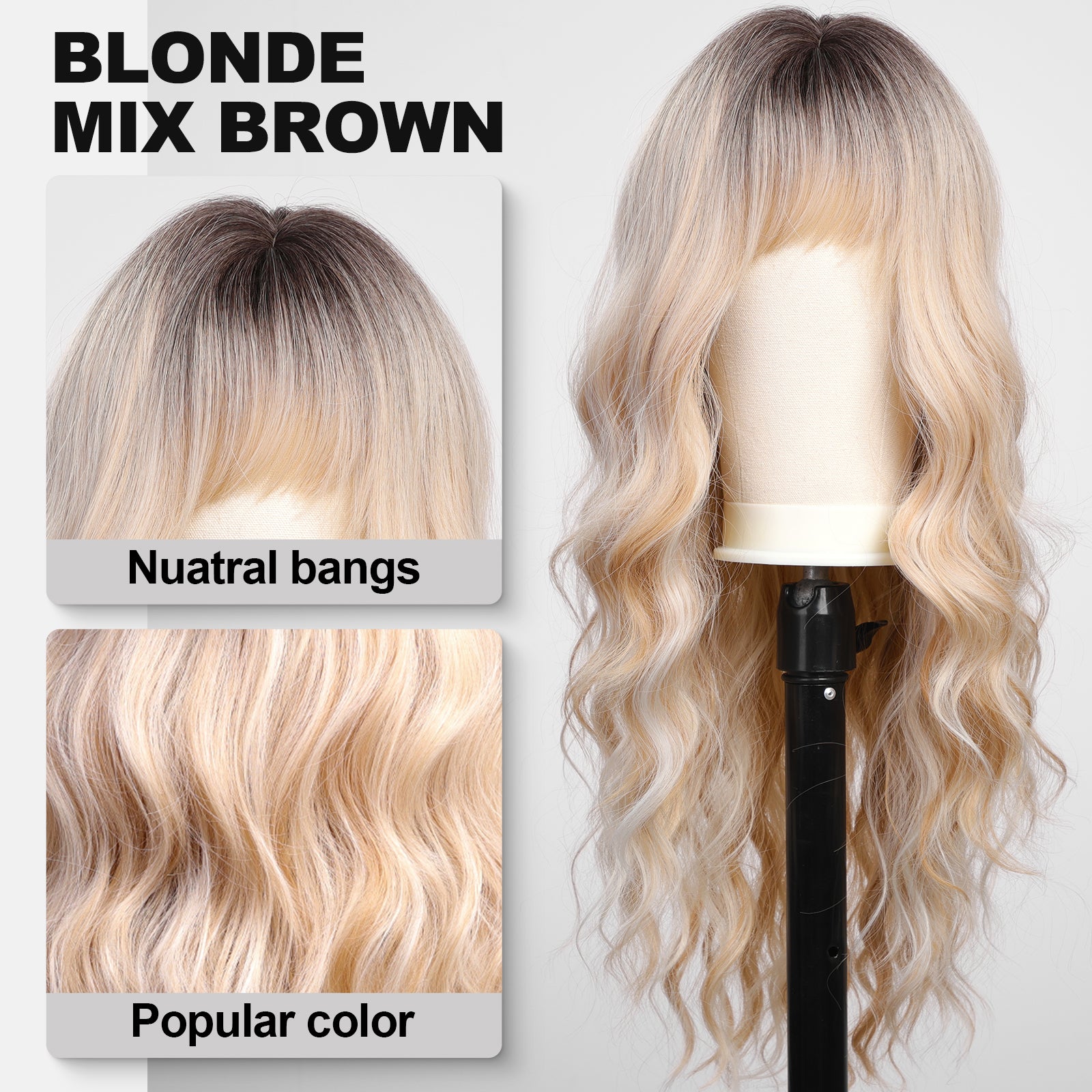 Ombre Blonde Wigs with Bangs,Long Curly Wig for Women,Blonde Long Wavy Wig Synthetic Hair Wig for Party Cosplay Daily Use 26IN