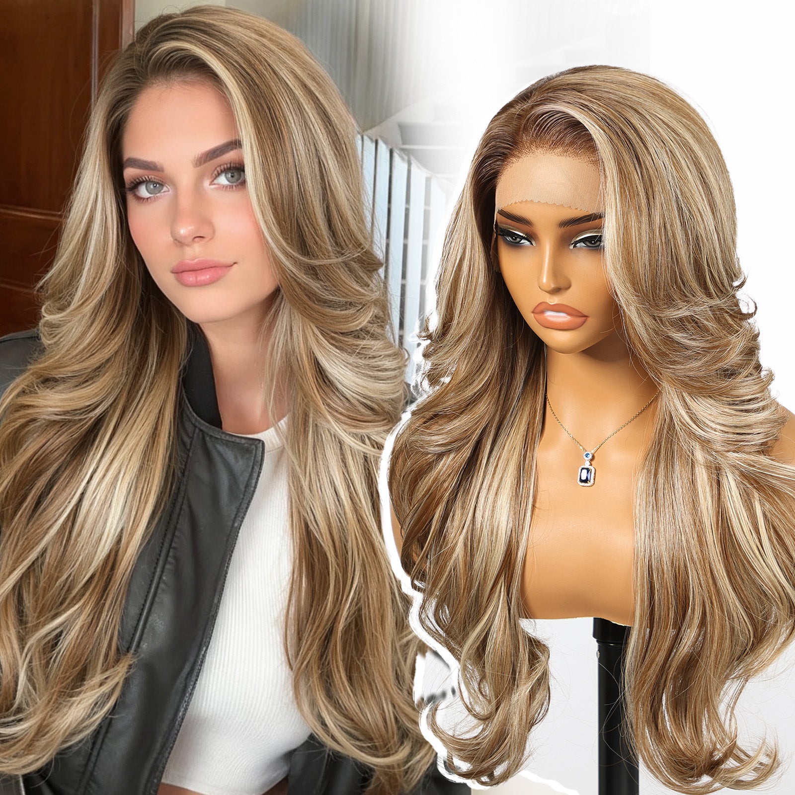 KOME Ash Blonde Highlight Synthetic Lace Front Wig,13x4 HD Lace Layered Wave Glueless Wigs for Women Daily Use 26IN
