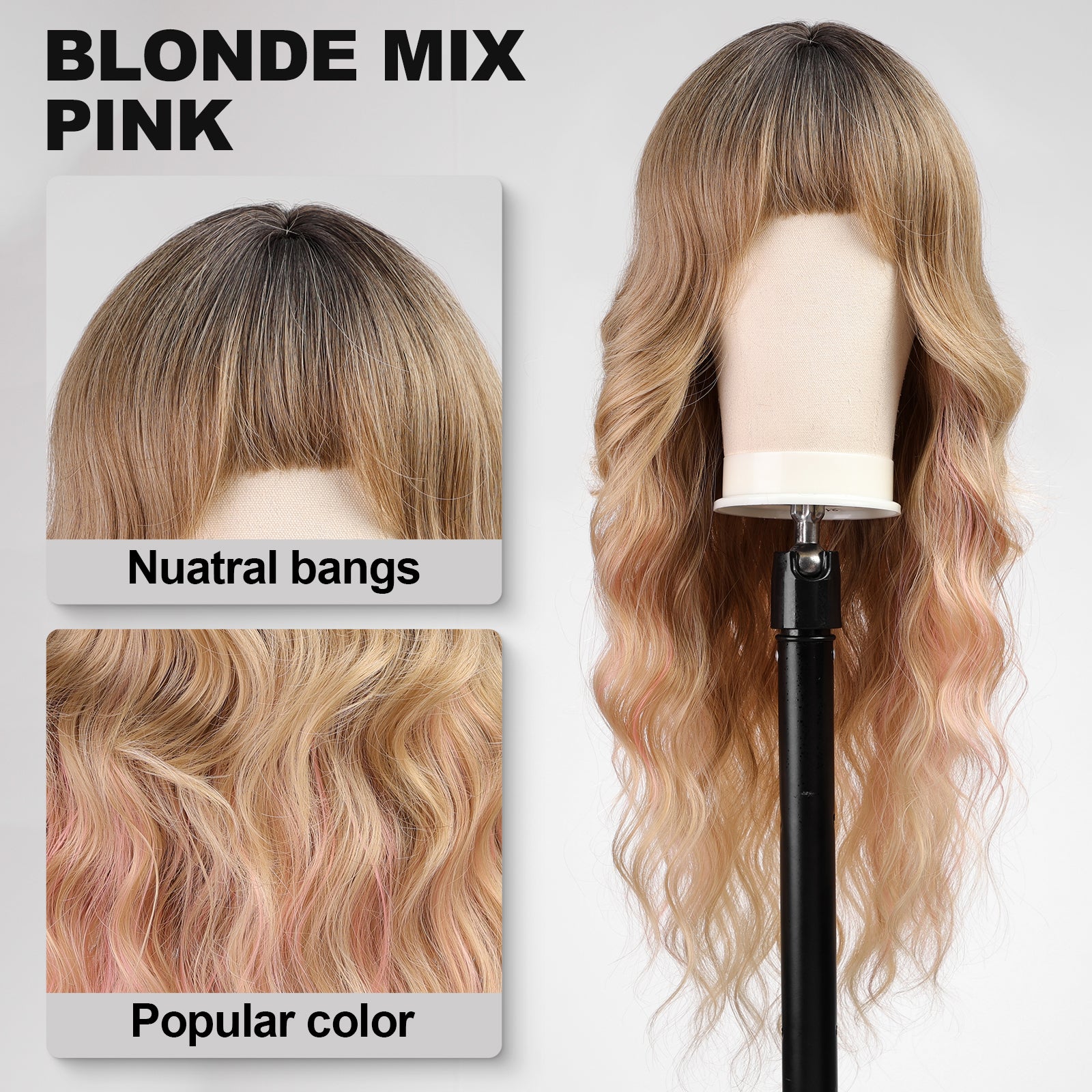 KOME Ombre Blonde Wigs with Bangs,Blonde mix Pink Long Curly Wig for Women,Blonde Long Wavy Wig Synthetic Hair Wig for Party Cosplay Daily Use 26IN