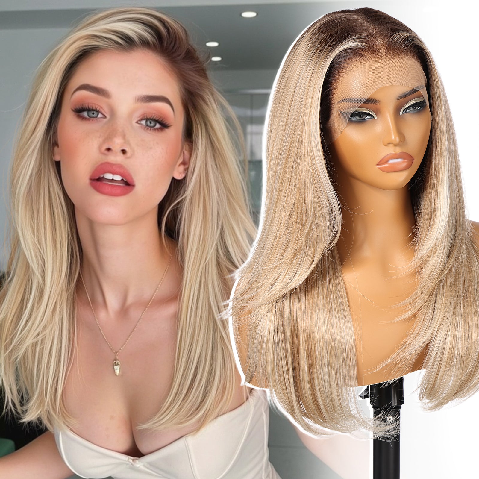 KOME Ash Blonde Synthetic Lace Front Wig, 13X6 Long Straight Layered Glueless Wigs for Women Daily Use 22IN(#TT6/1603)