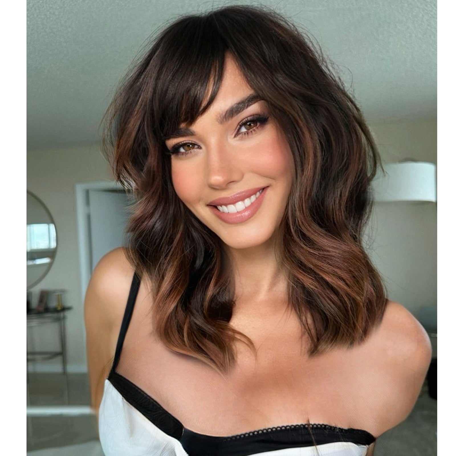 KOME Curly Bob Wig with Bangs Short Wavy Black mix Brown Highlight Wigs for Women Bob Style Synthetic Heat Resistant Bob Wigs 14IN