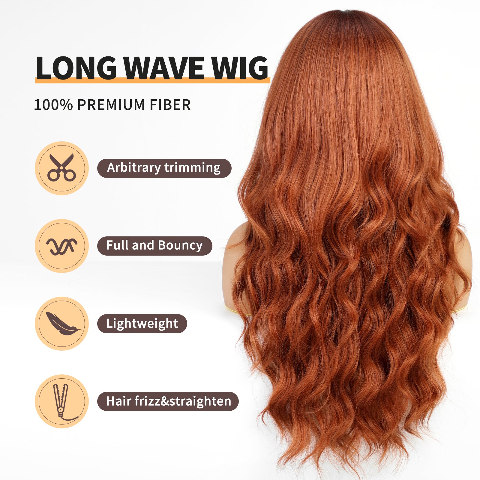 Orange Wigs with Bangs,Ginger Long Wavy Wig for Women,Long Curly Synthetic Hair Wig for Party Daily Use 26IN