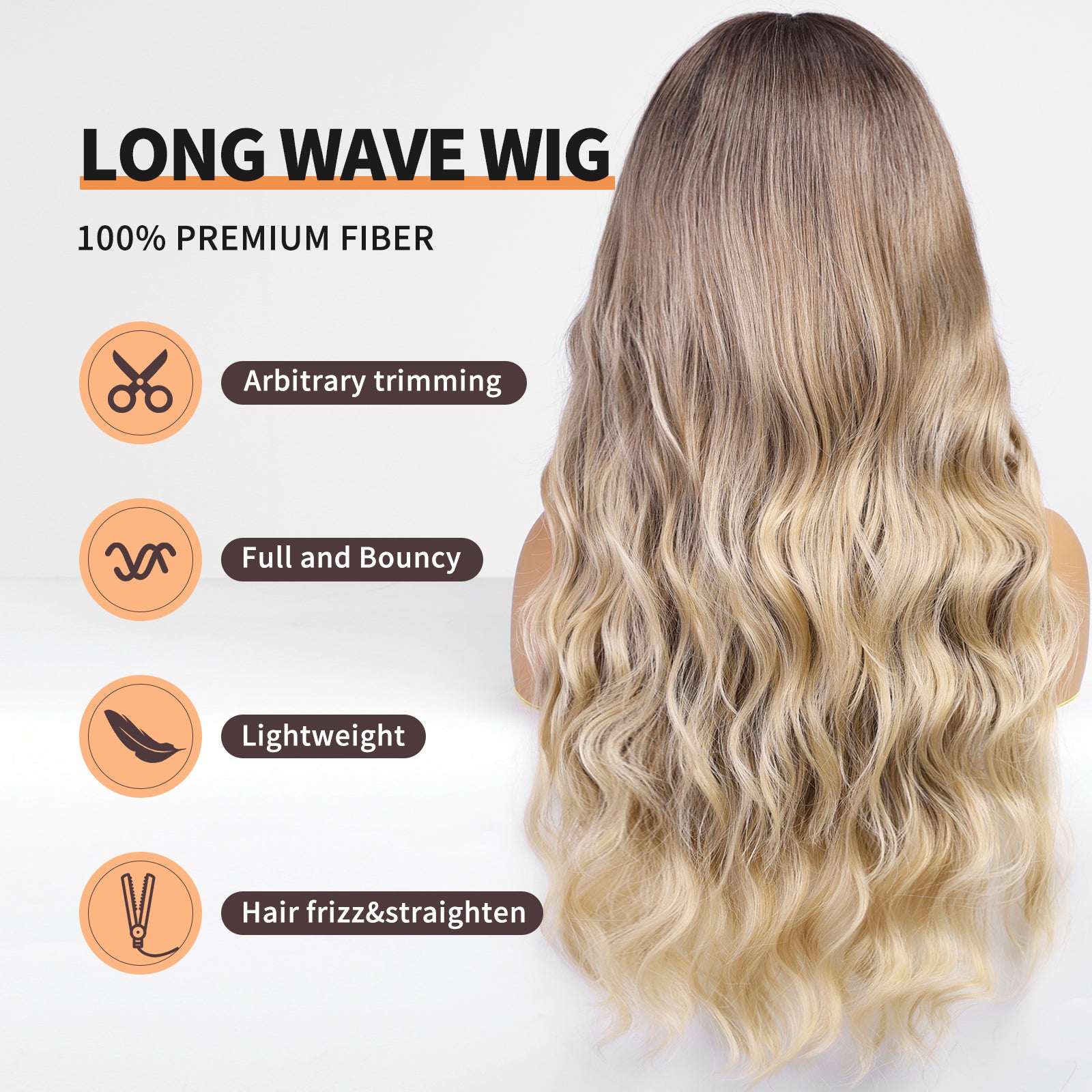 Ombre Blonde Wigs with Bangs,Blonde Highlight Long Wavy Wig for Women,Long Curly Synthetic Hair Wig for Party Cosplay Daily Use 26IN