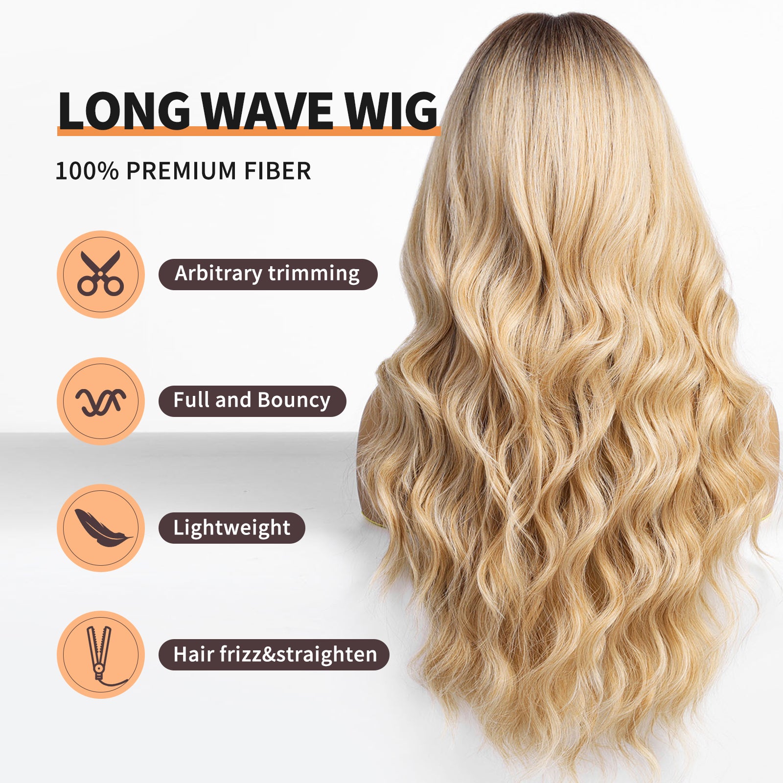 Blonde Wigs with Bangs,Ombre Blonde Long Wavy Wig for Women,Long Curly Wigs Synthetic Hair Wig for Party Cosplay Daily Use 26IN