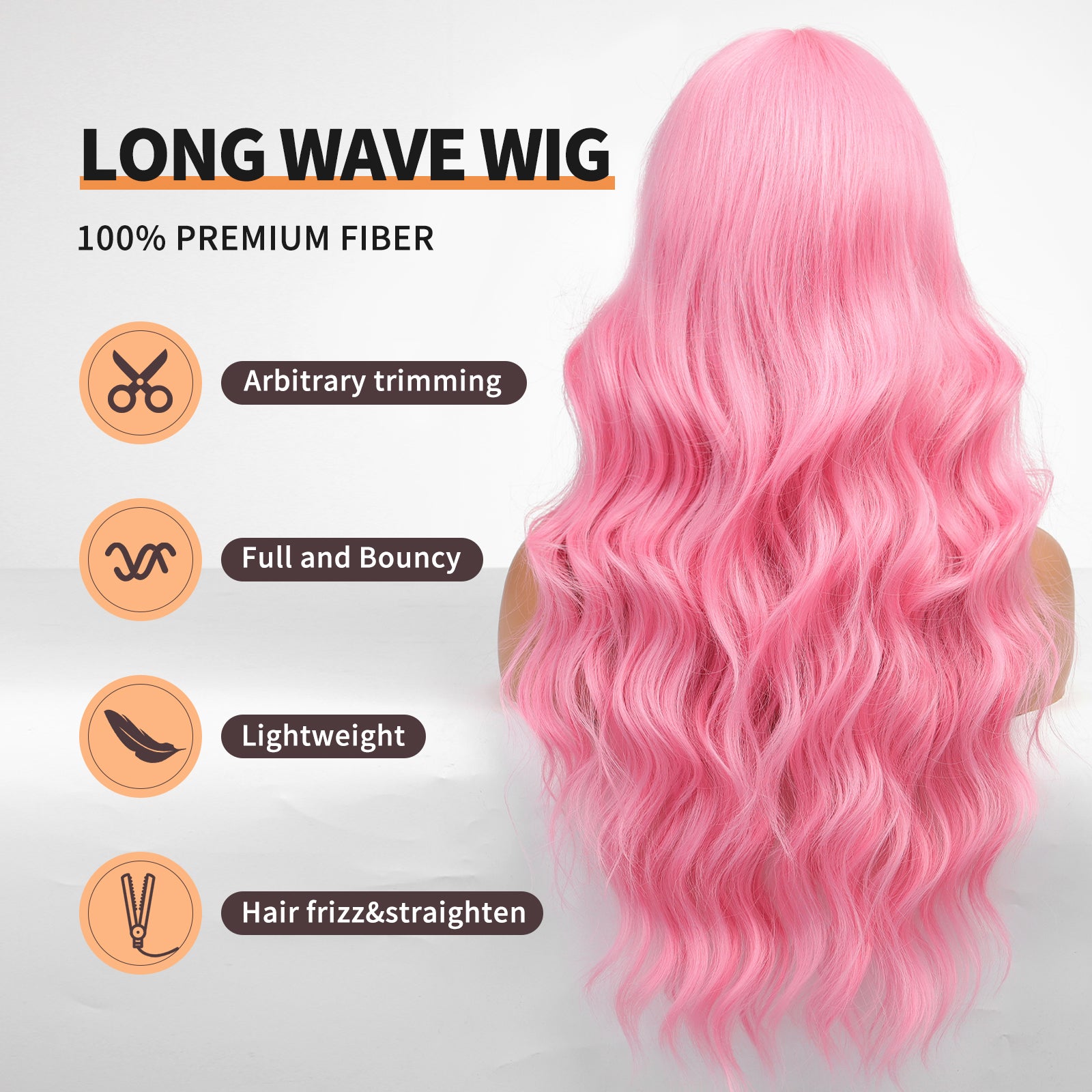 Pink Wig- Long Pink Wavy Wigs for Women,Pastel Pink Wig with Bangs,Natural Curly Synthetic Wig for Party Cosplay Daily Use 26IN