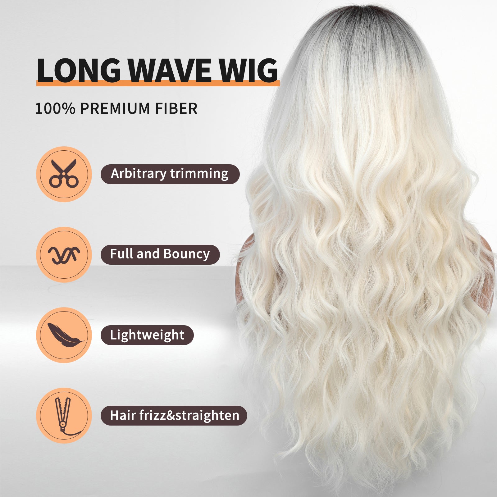 Ombre Platinum Blonde Wigs with Bangs,White Long Wavy Wig for Women,Long Curly Wigs Synthetic Hair Dark Roots Wig for Party Cosplay Daily Use 26IN