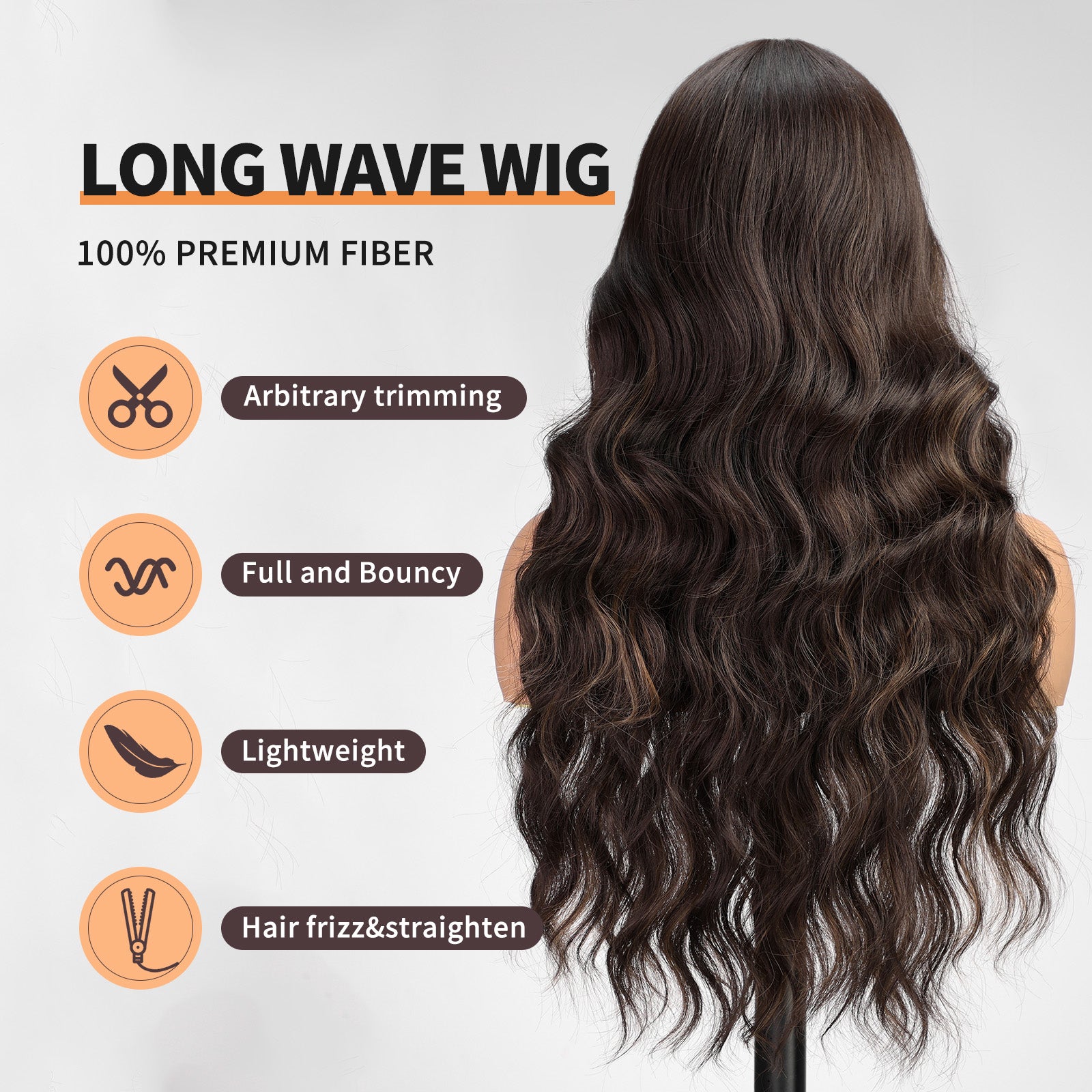 KOME Dark Brown Wigs with Bangs,Brown Highlight Long Curly Wig for Women,Blonde Long Wavy Wig Synthetic Hair Wig for Party Cosplay Daily Use 26IN