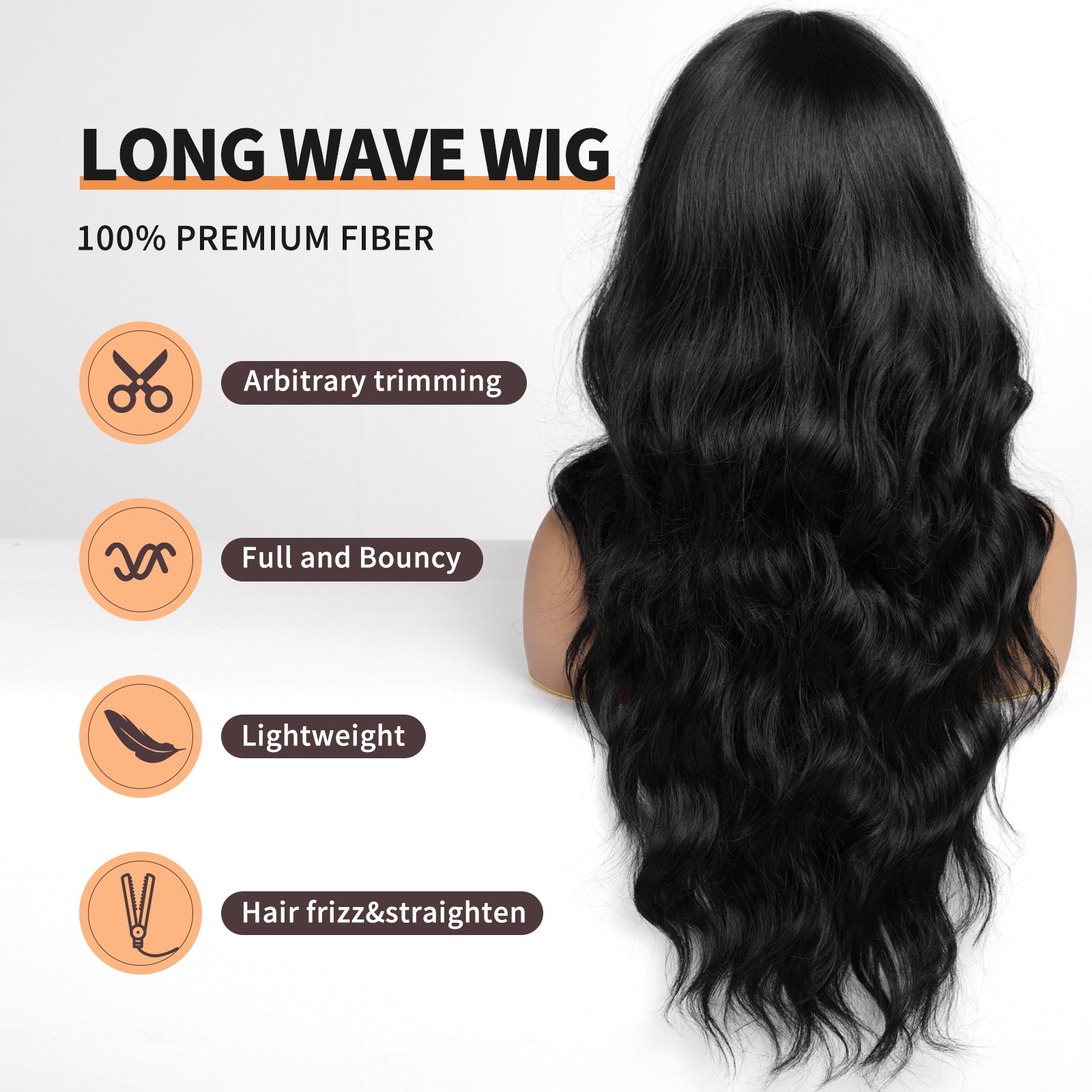 Black Wigs with Bangs,Black Long Wavy Wig for Women,Black Long Curly Synthetic Hair Wig for Party Daily Use 26IN