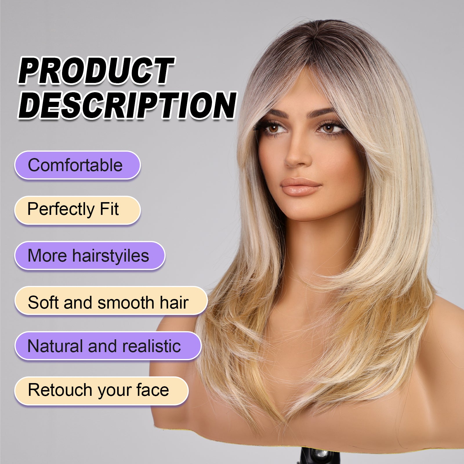 Blonde Wigs for Women layered Straight Wig with Curtain Bangs Natural Synthetic Hair with Dark Roots 18IN