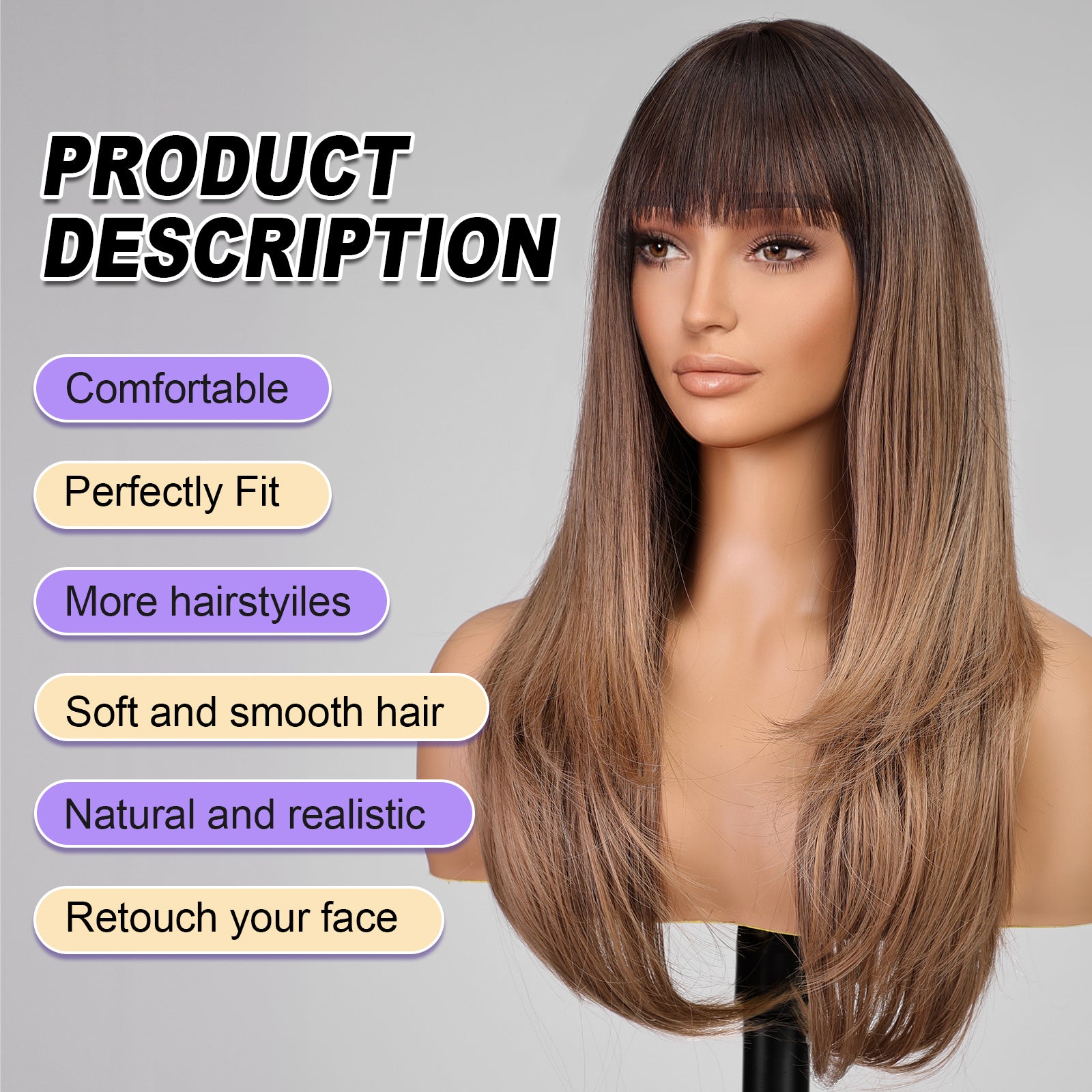 Ombre Brown Long Layered Wig with Bangs,Straight Hair Wigs for Women,Synthetic Heat Resistant Natural Looking Hair Wig for Party Cosplay Dality Use