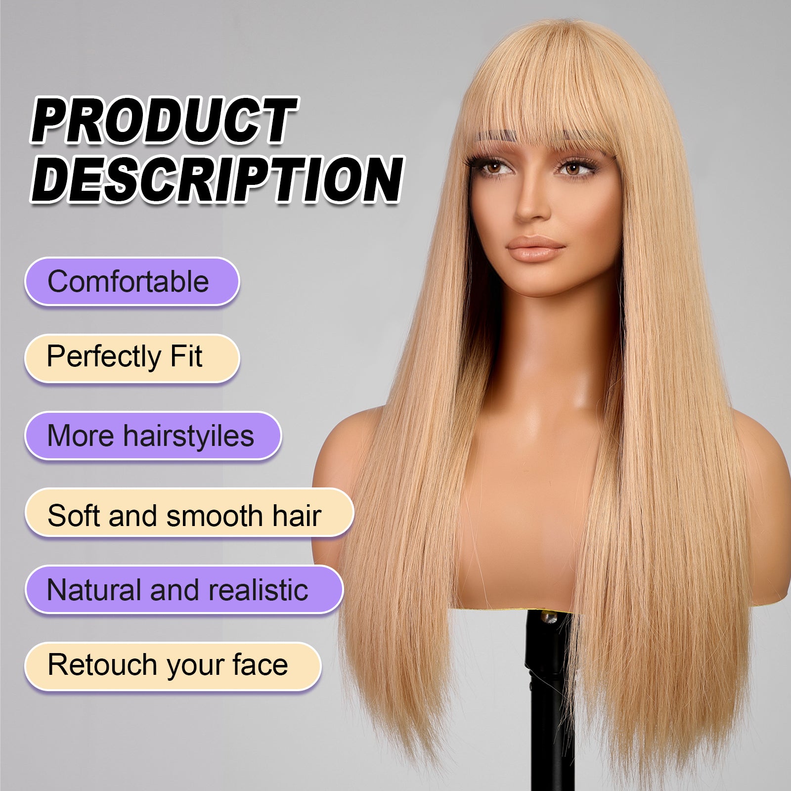 Blonde Long Straight Wig with Bangs,Straight Hair Wigs for Women,Synthetic Heat Resistant Natural Looking Hair Wig for Party Cosplay Dality Use